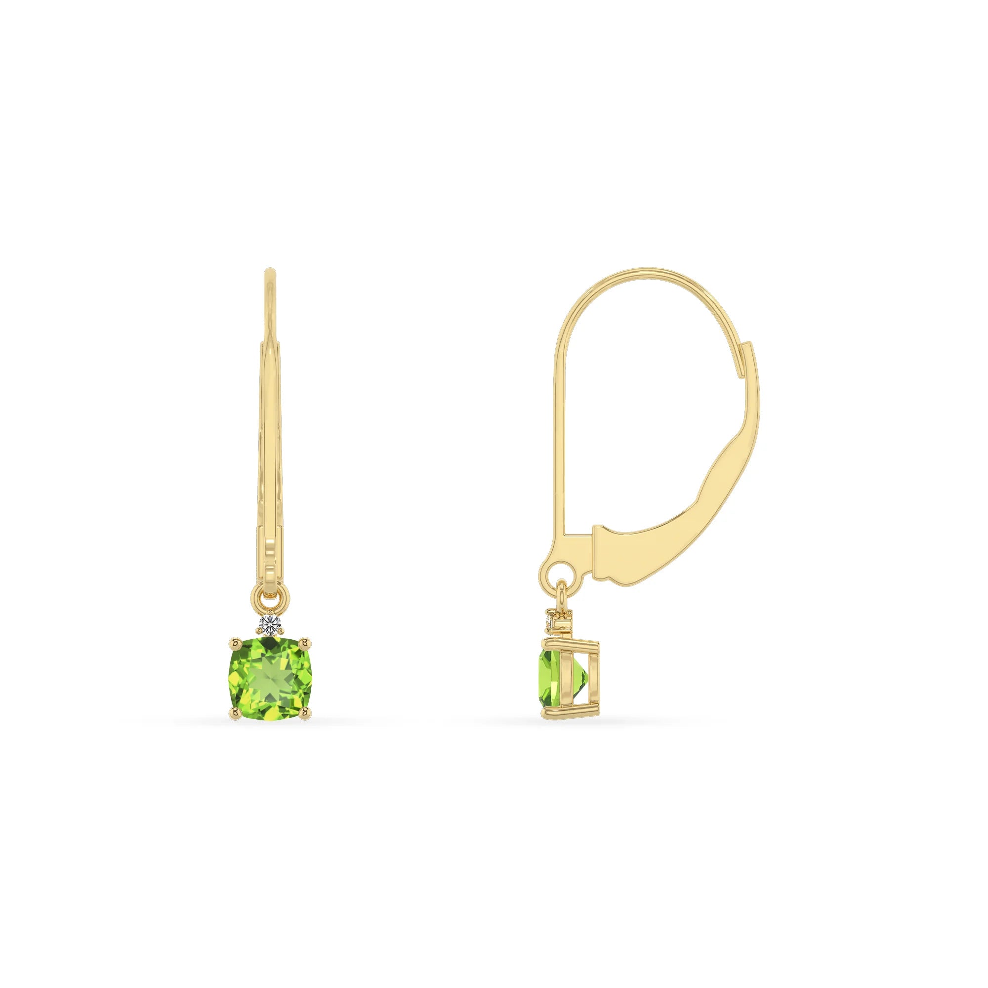 natural peridot cushion drop earrings in yellow gold