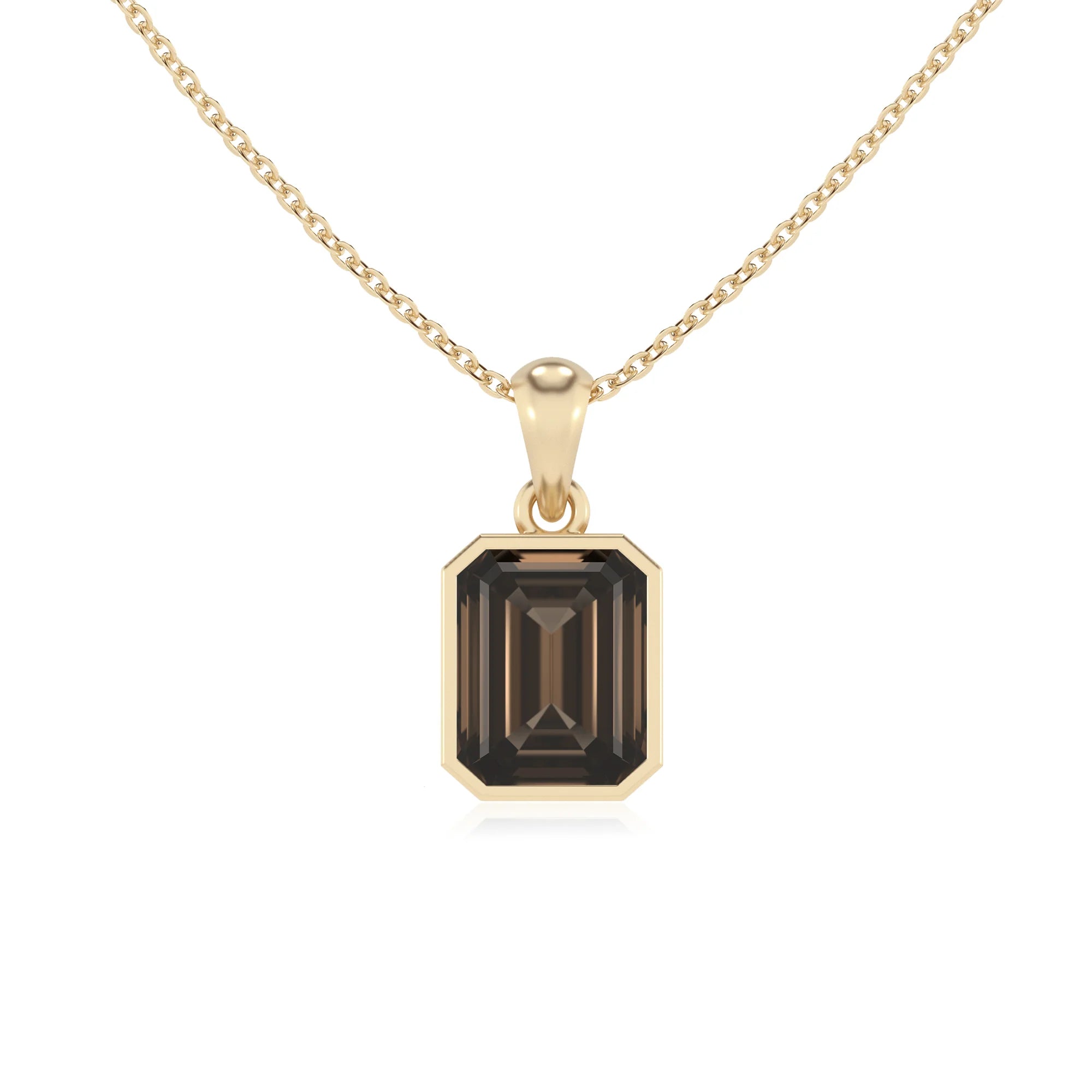 natural smoky-quartz emerald cut solitaire necklaces in yellow gold