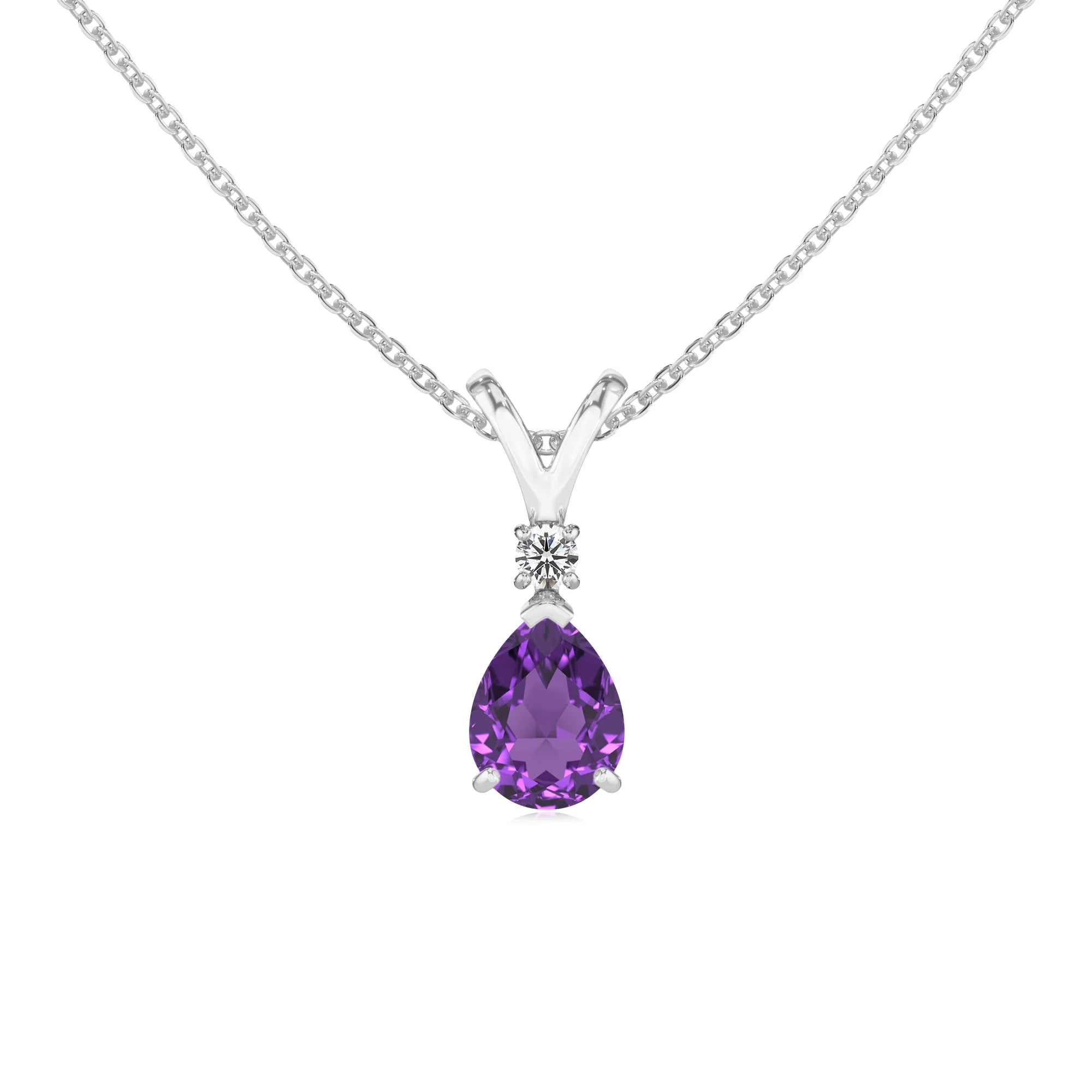 lab grown amethyst pear solitaire v-bale necklaces in white gold