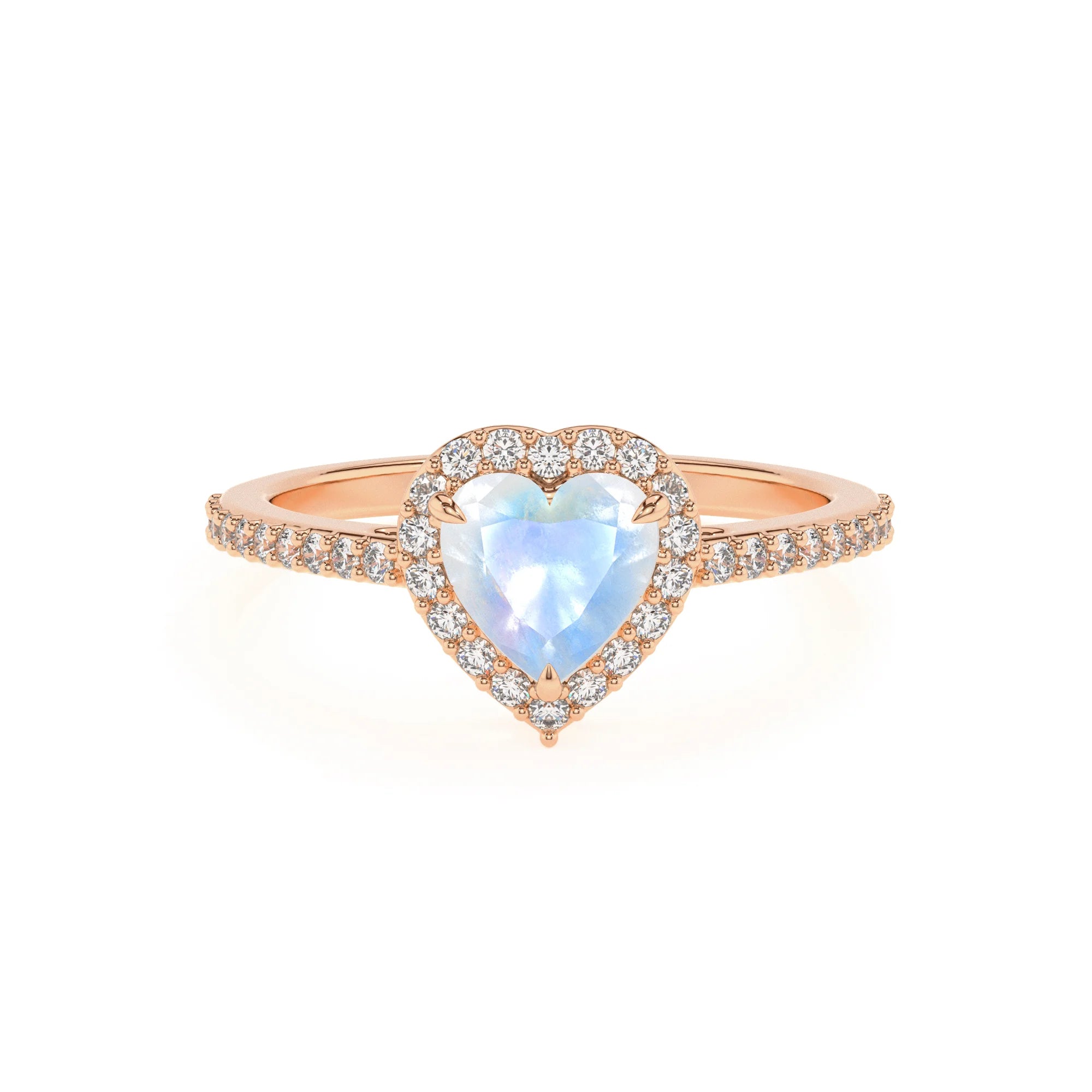 natural rainbow-moonstone heart solitaire rings in rose gold