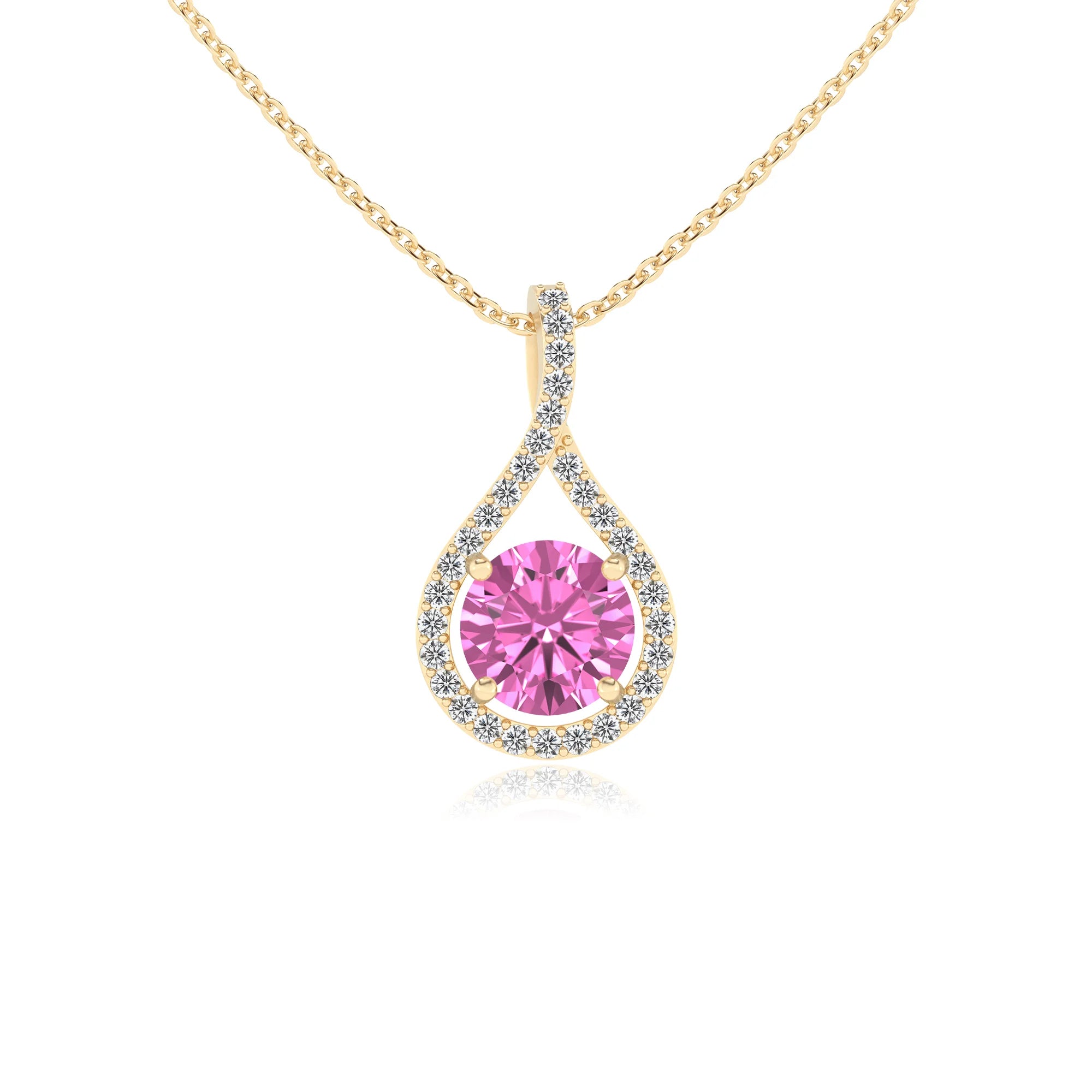 lab grown pink-sapphire round solitaire necklaces in yellow gold