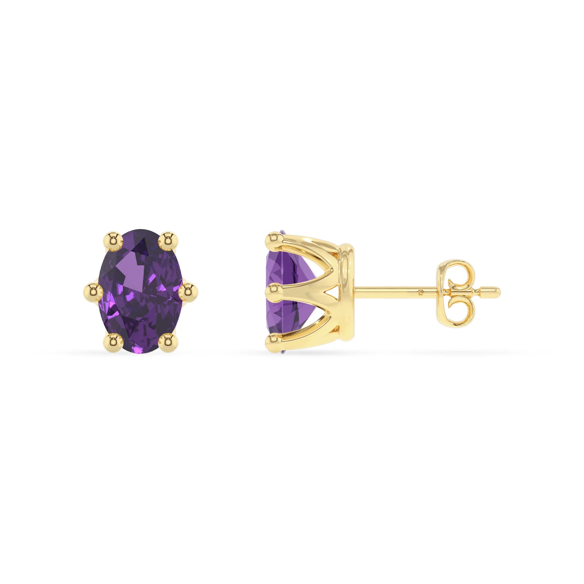 lab grown amethyst oval stud earrings in yellow gold