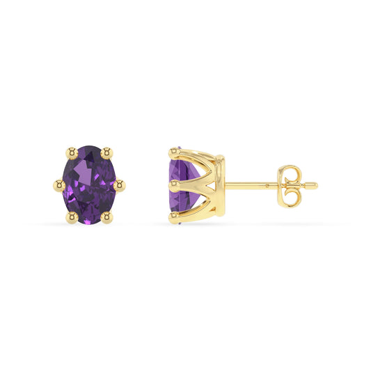 lab grown amethyst oval stud earrings in yellow gold