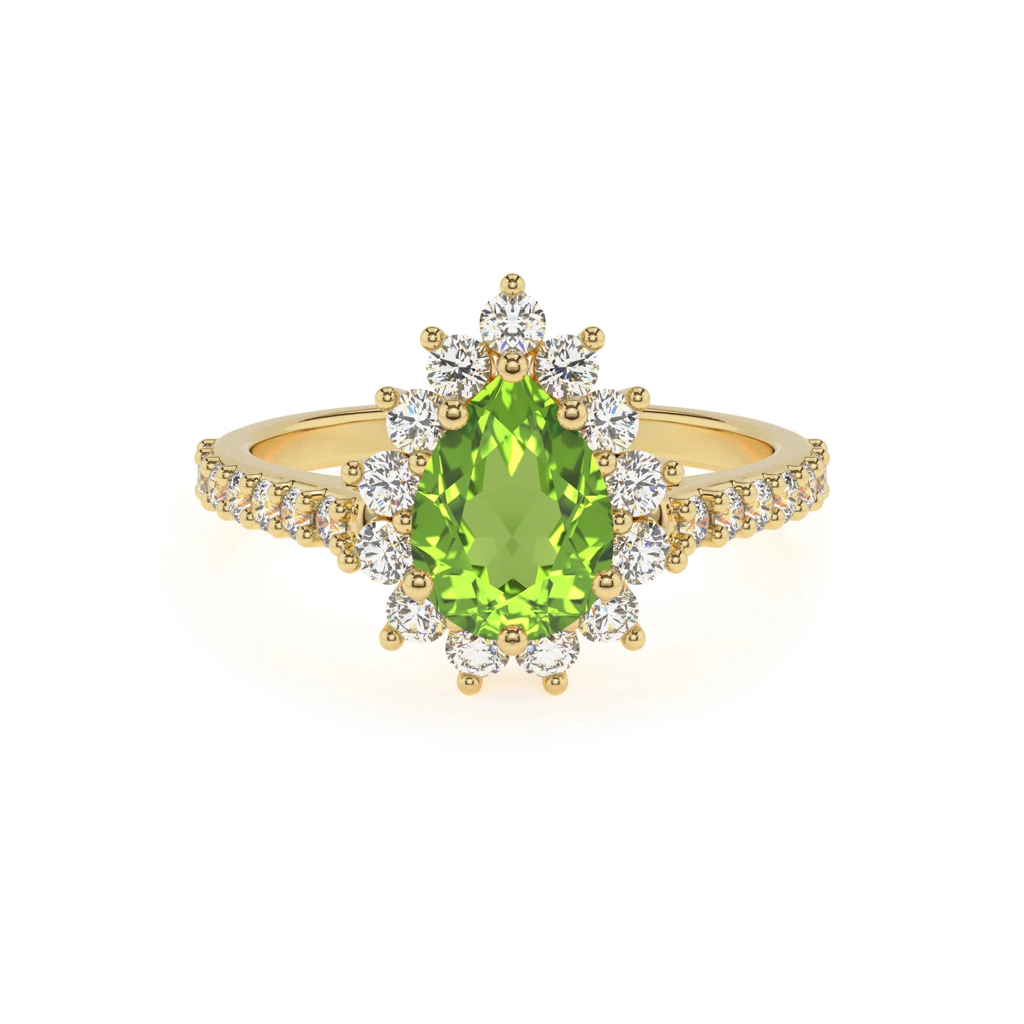 natural peridot pear solitaire rings in yellow gold