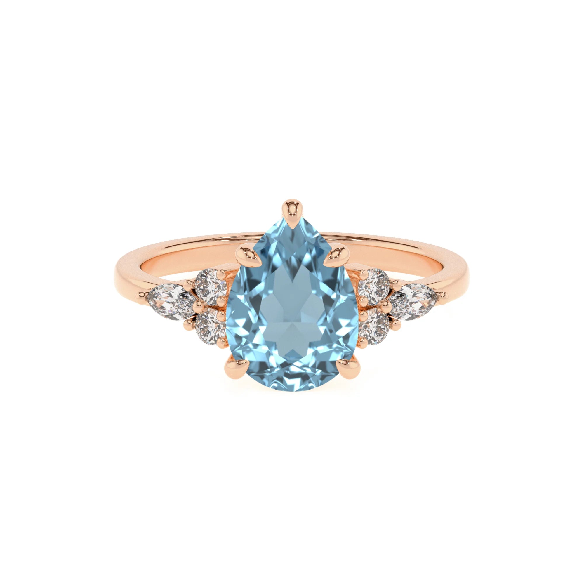 lab grown aquamarine pear solitaire rings in rose gold