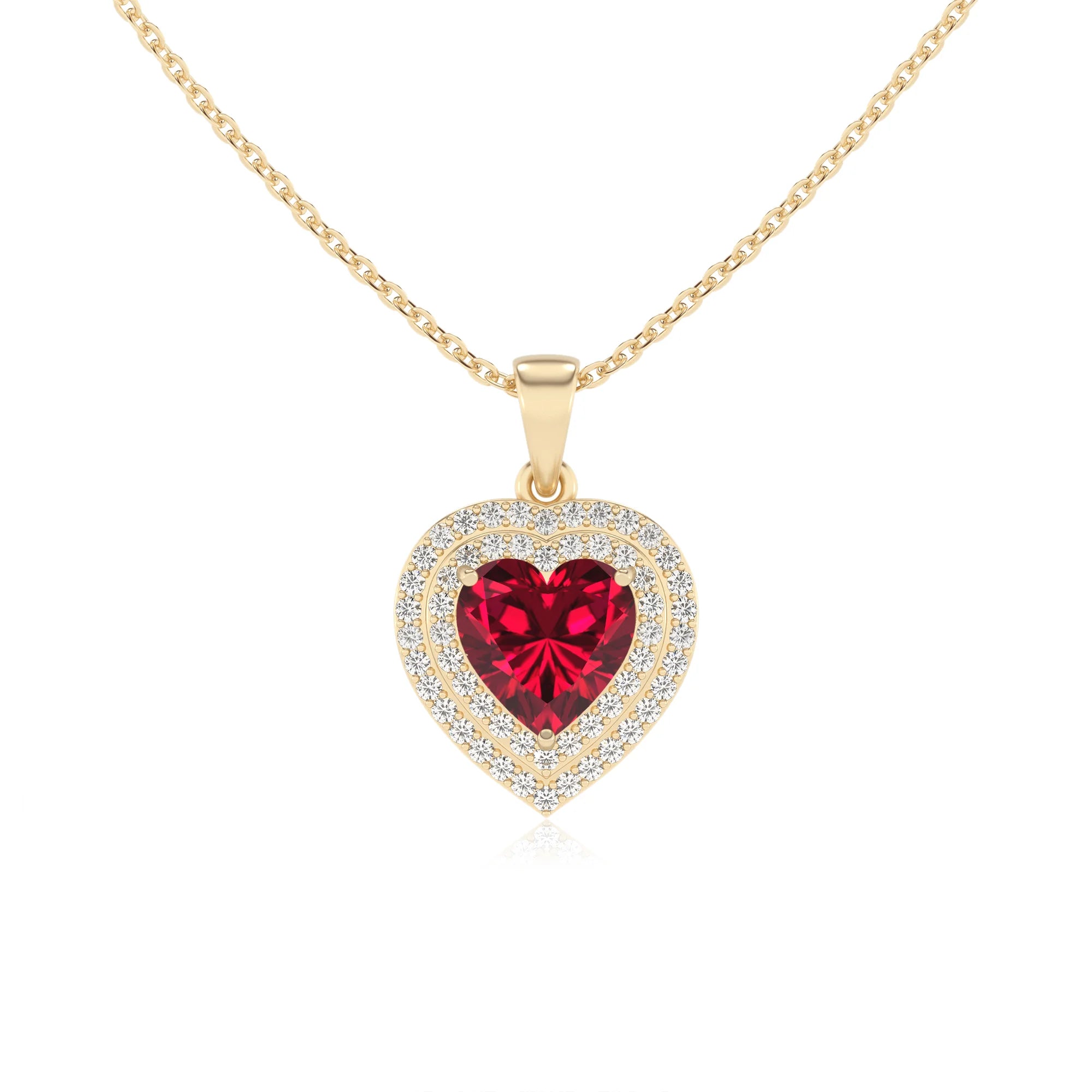 lab grown ruby heart halo necklaces in yellow gold