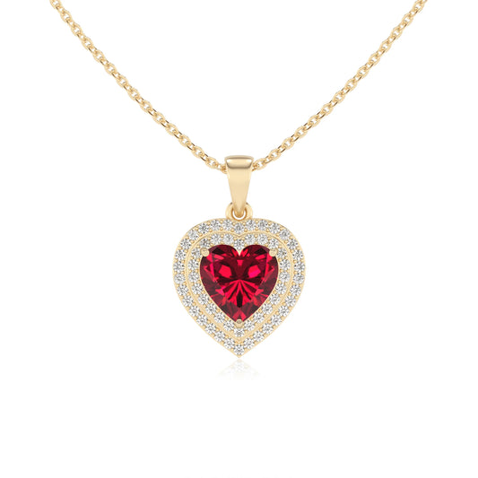 lab grown ruby heart halo necklaces in yellow gold
