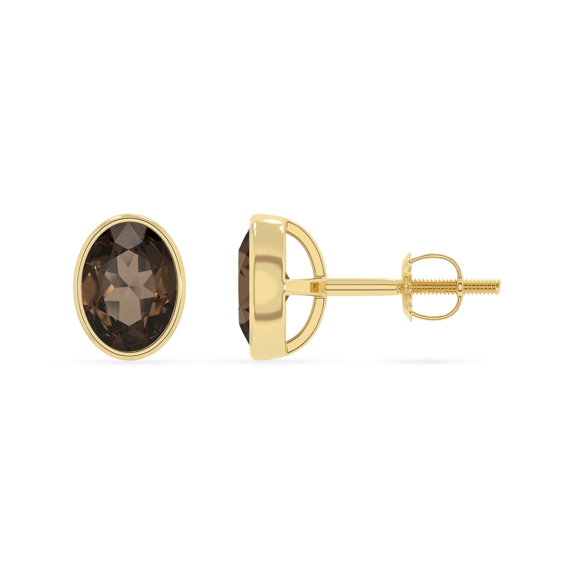 natural smoky quartz oval stud earrings in yellow gold