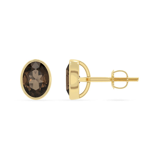 natural smoky quartz oval stud earrings in yellow gold