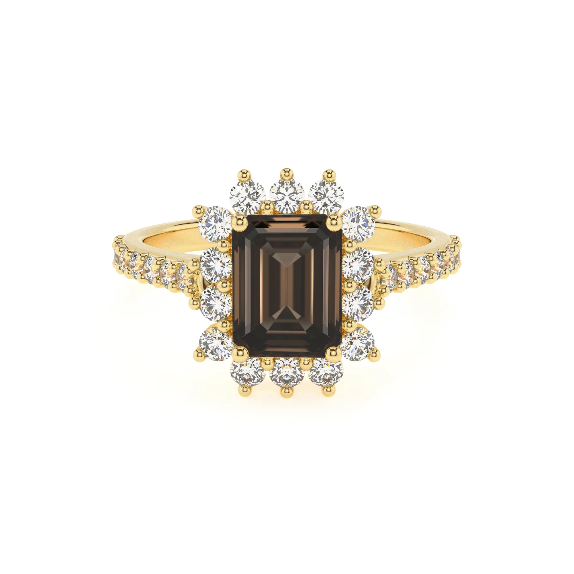 natural smoky-quartz emerald cut solitaire rings in yellow gold
