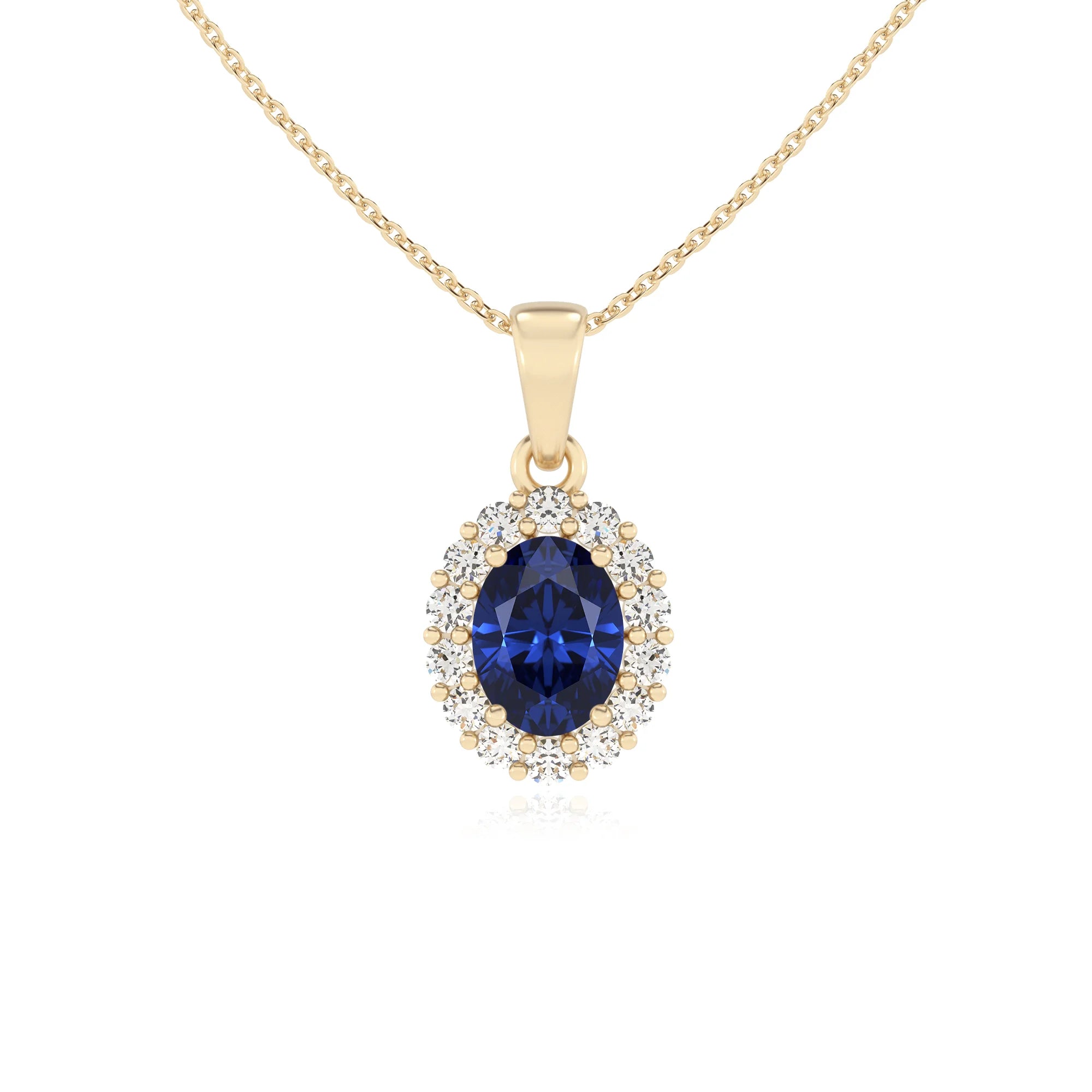lab grown blue-sapphire oval solitaire necklaces in yellow gold
