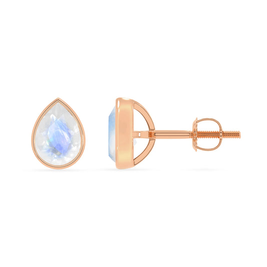 natural rainbow moonstone pear stud earrings in rose gold