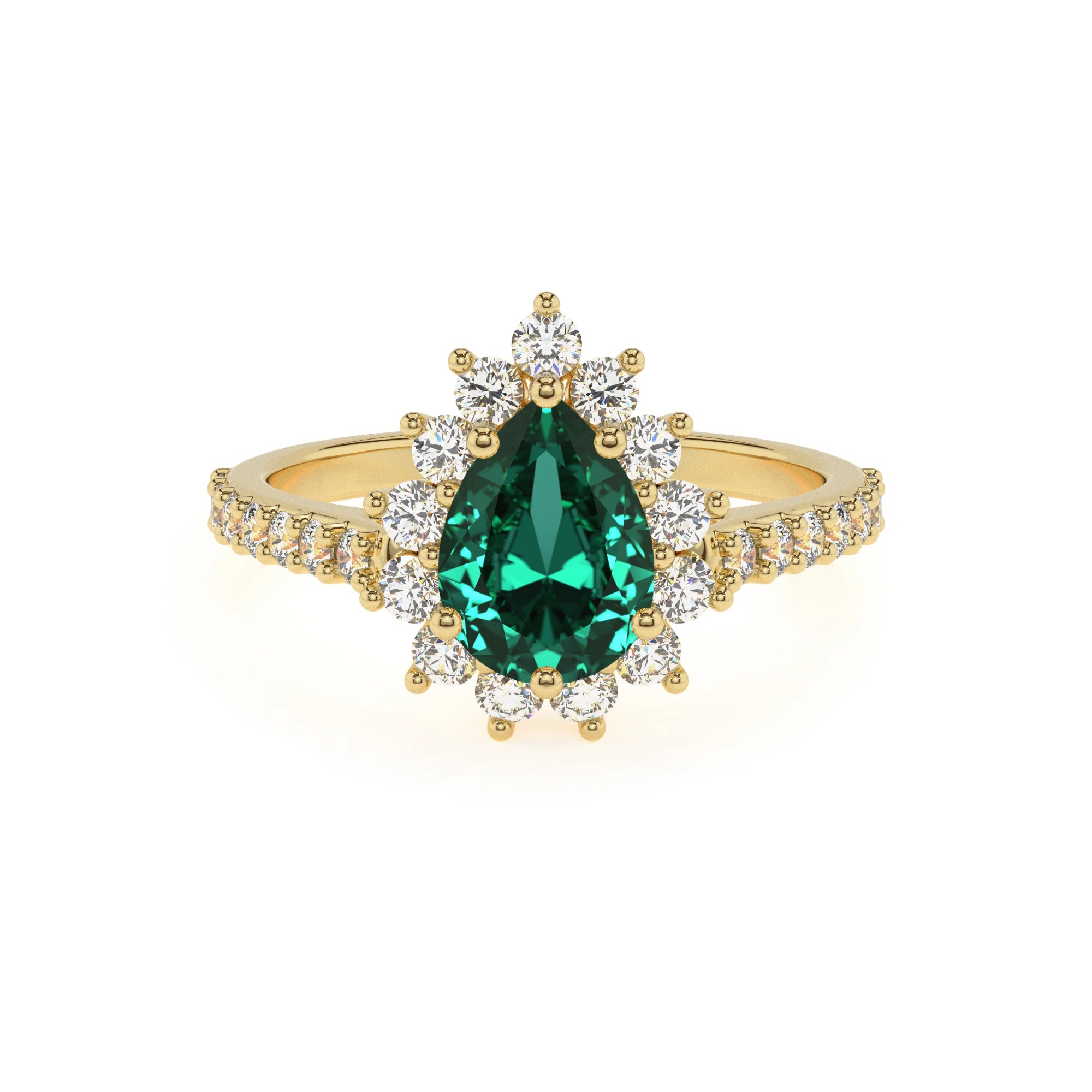 lab grown emerald pear solitaire rings in yellow gold