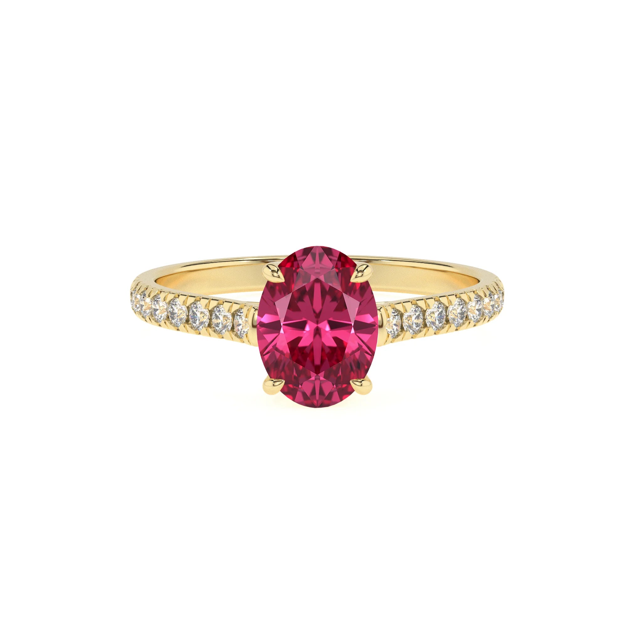 lab grown pink-tourmaline oval half eternity solitaire engagement rings in yellow gold