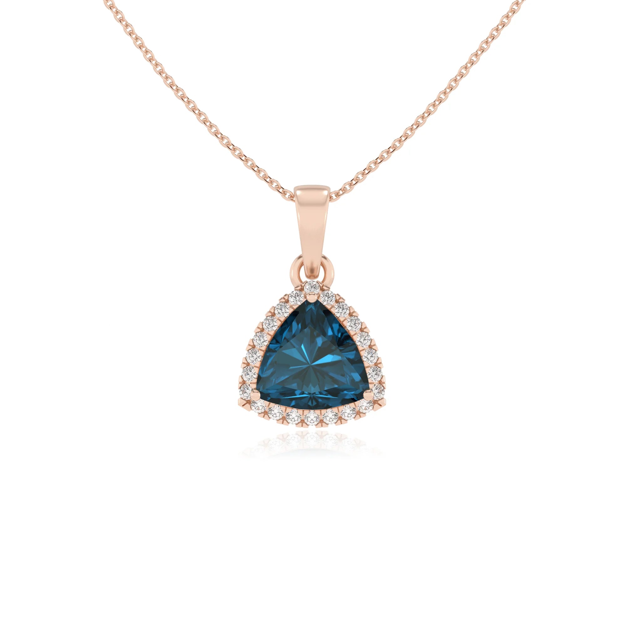 natural london-blue-topaz trillion solitaire necklaces in rose gold