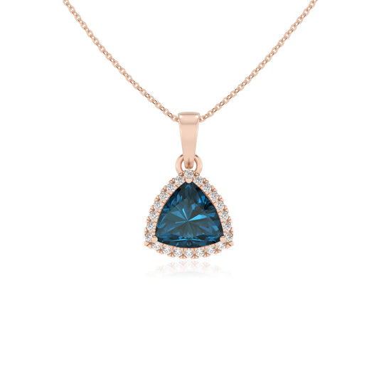 natural london-blue-topaz trillion solitaire necklaces in rose gold