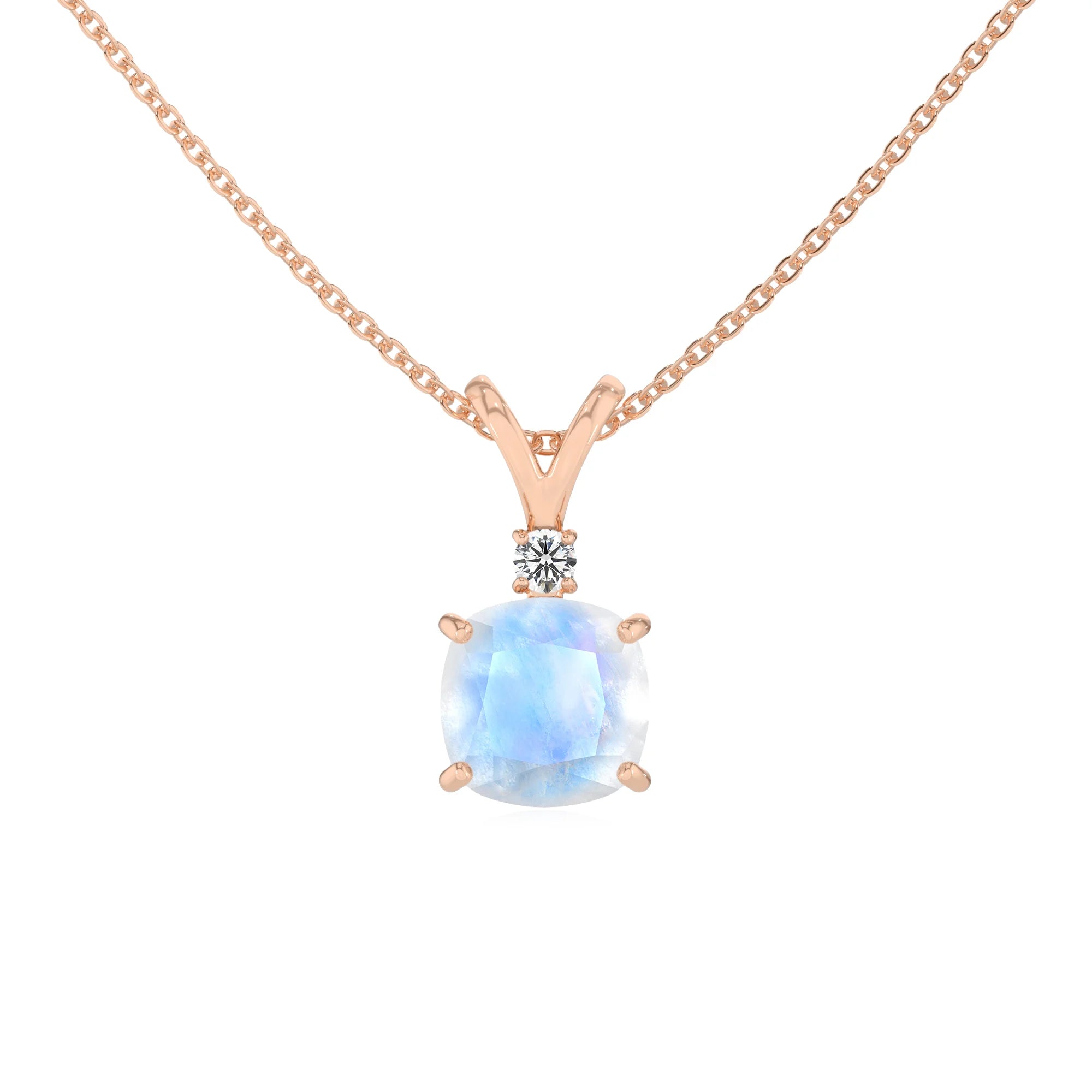 natural rainbow-moonstone cushion solitaire v-bale necklaces in rose gold