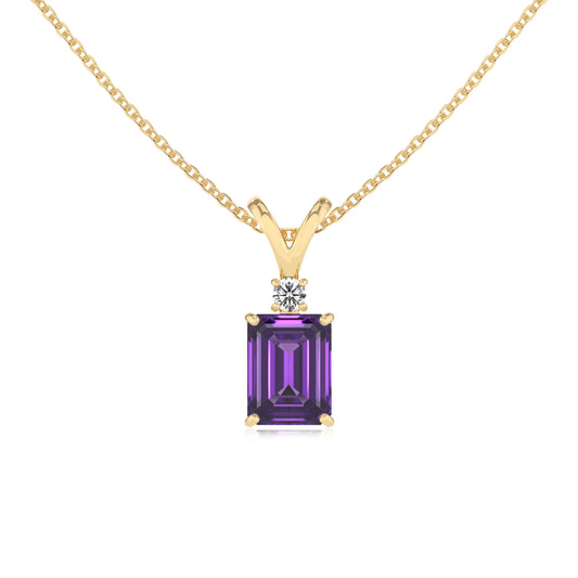 lab grown amethyst emerald cut solitaire v-bale necklaces in yellow gold
