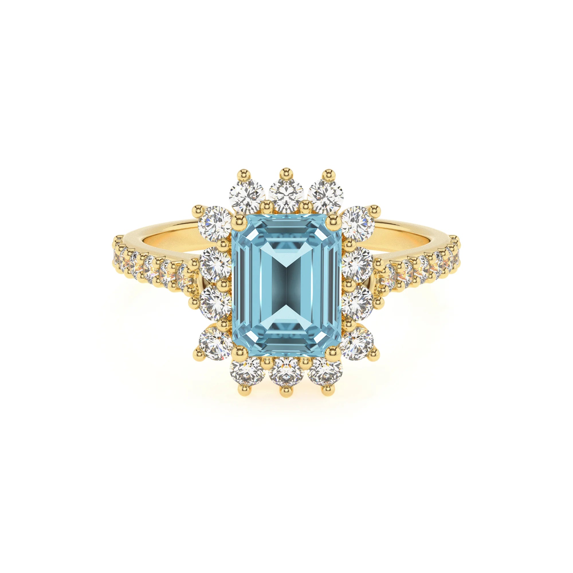lab grown aquamarine emerald cut solitaire rings in yellow gold