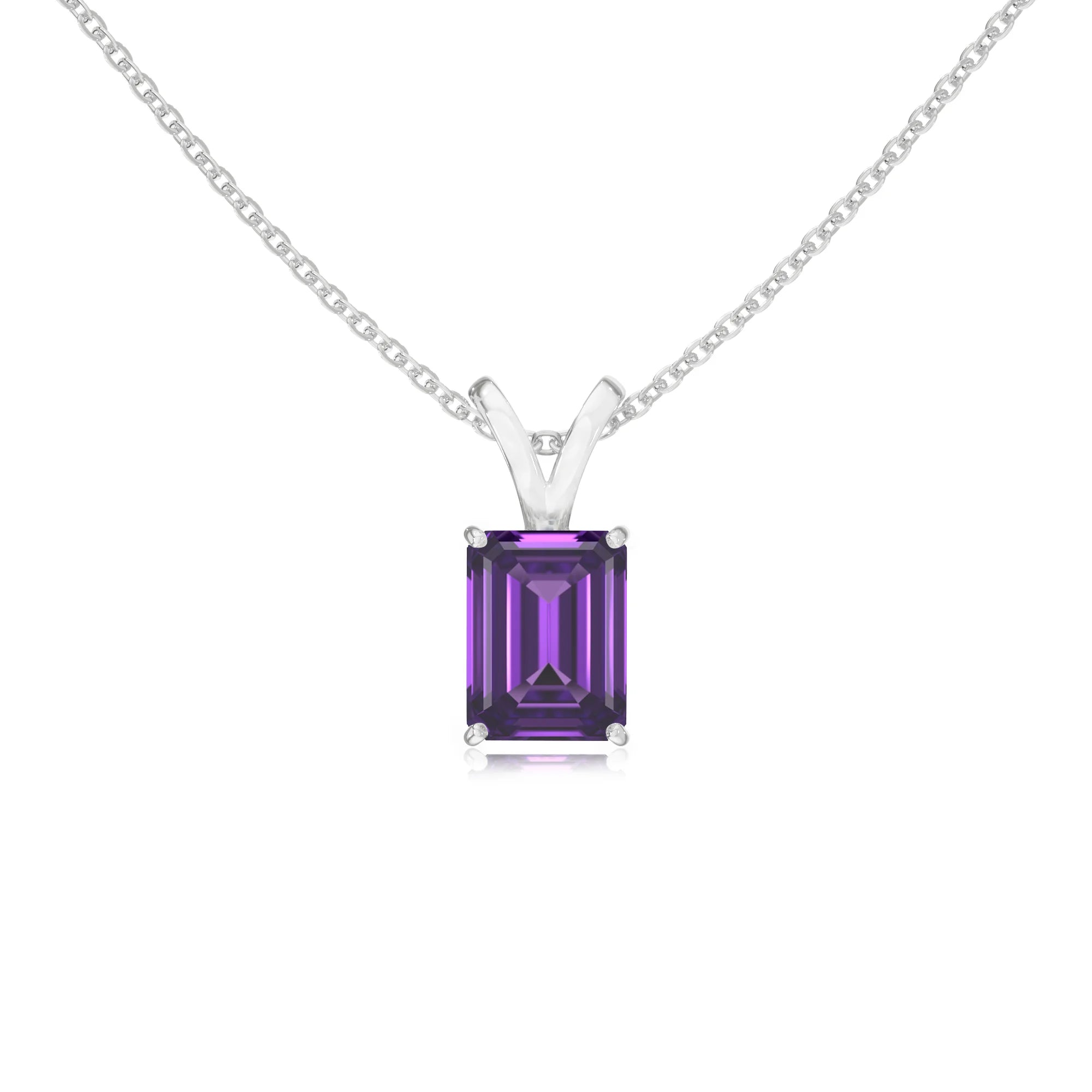 lab grown amethyst emerald cut solitaire v-bale necklaces in sterling silver