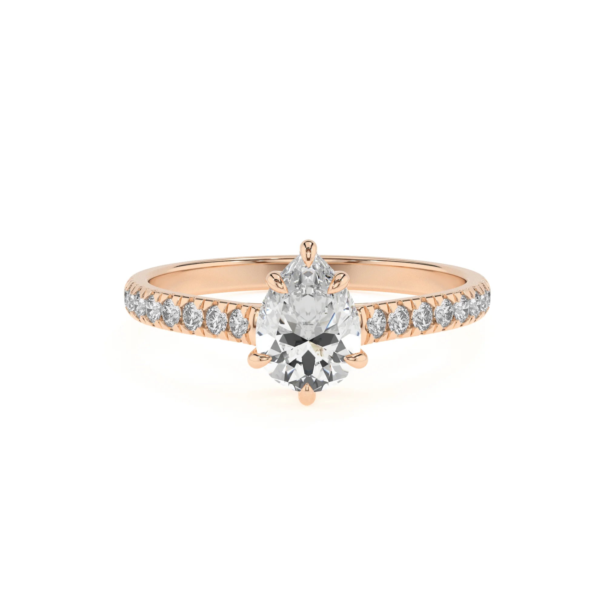 lab grown moissanite pear half eternity solitaire engagement rings in rose gold