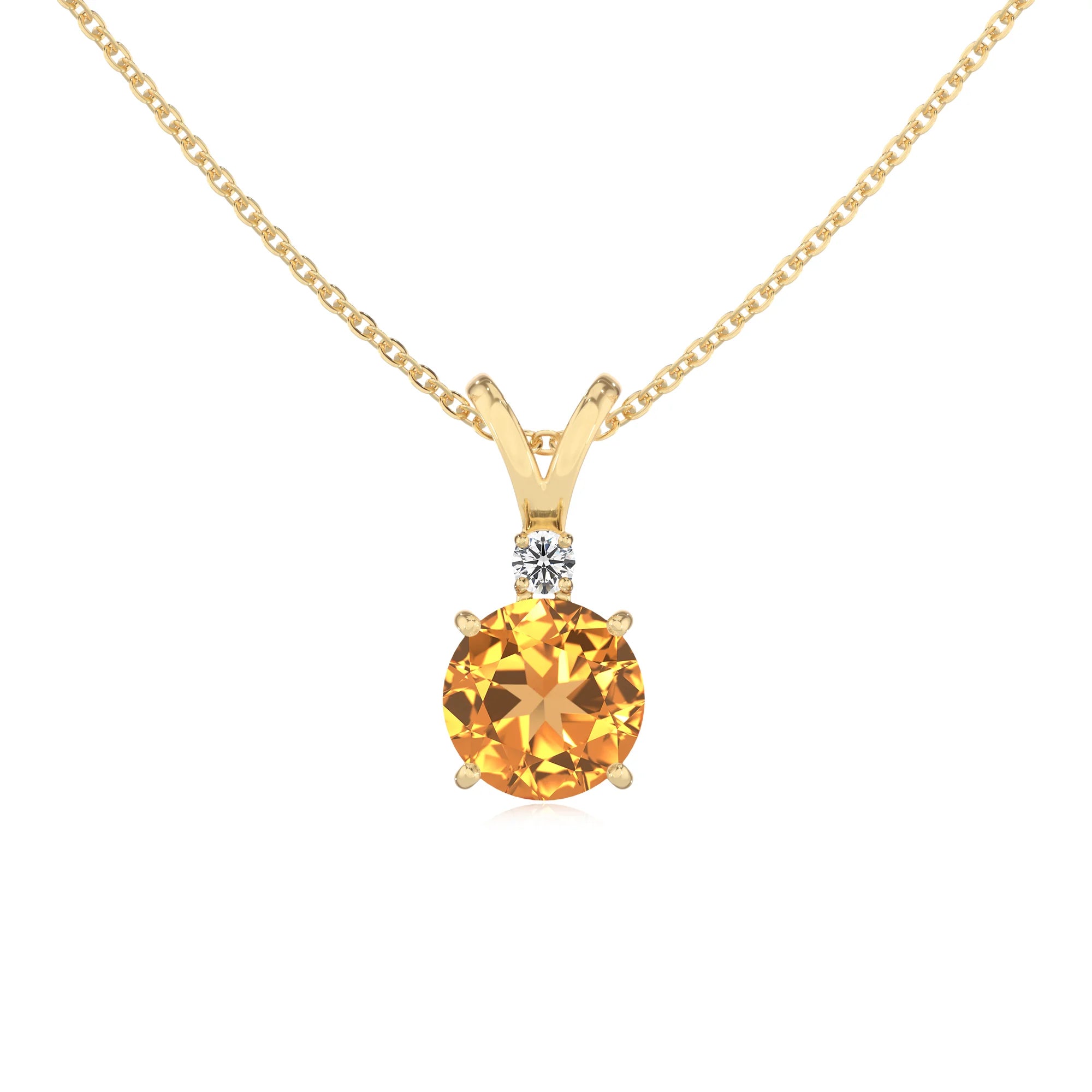 lab grown citrine round solitaire v-bale necklaces in yellow gold