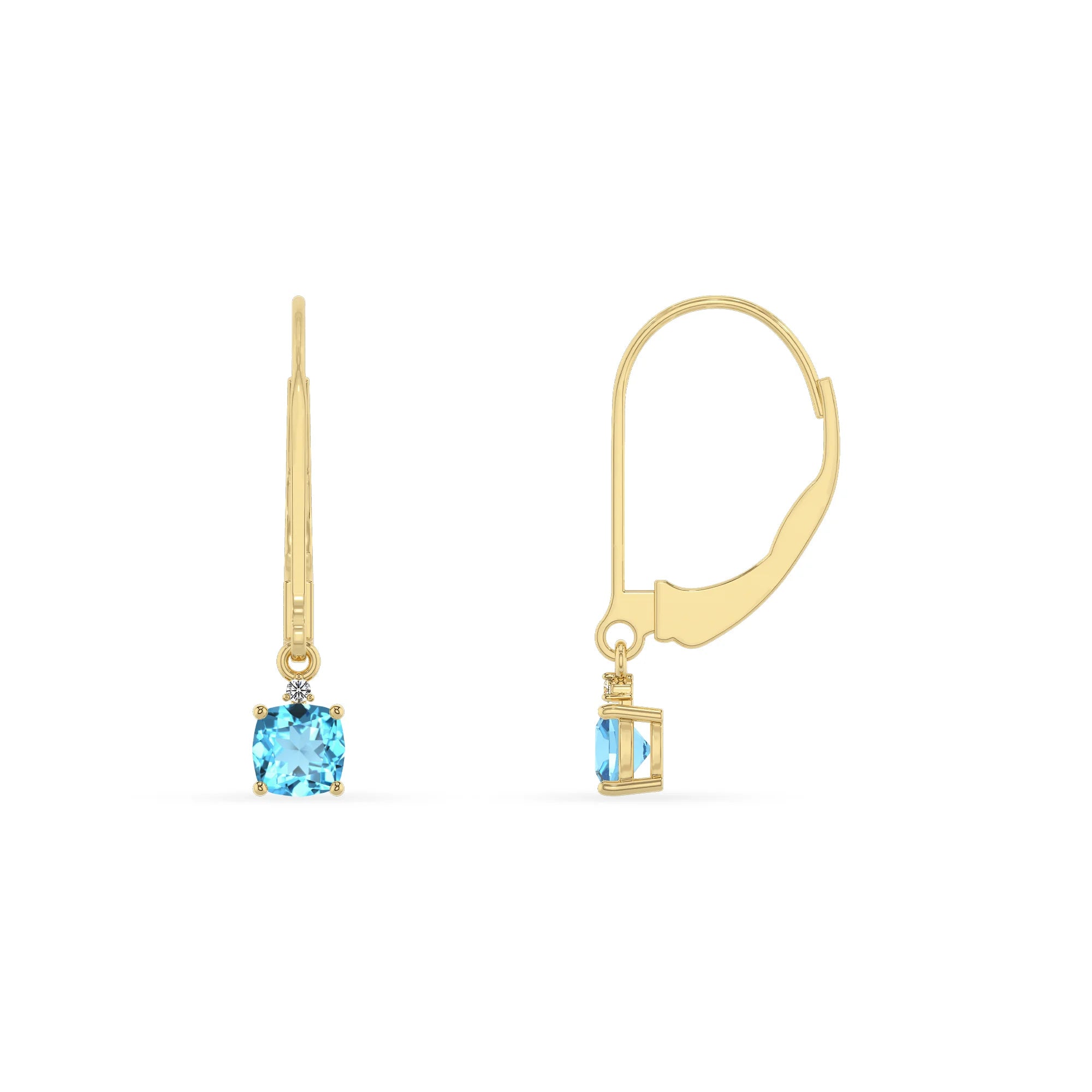 natural swiss blue topaz cushion drop earrings in yellow gold