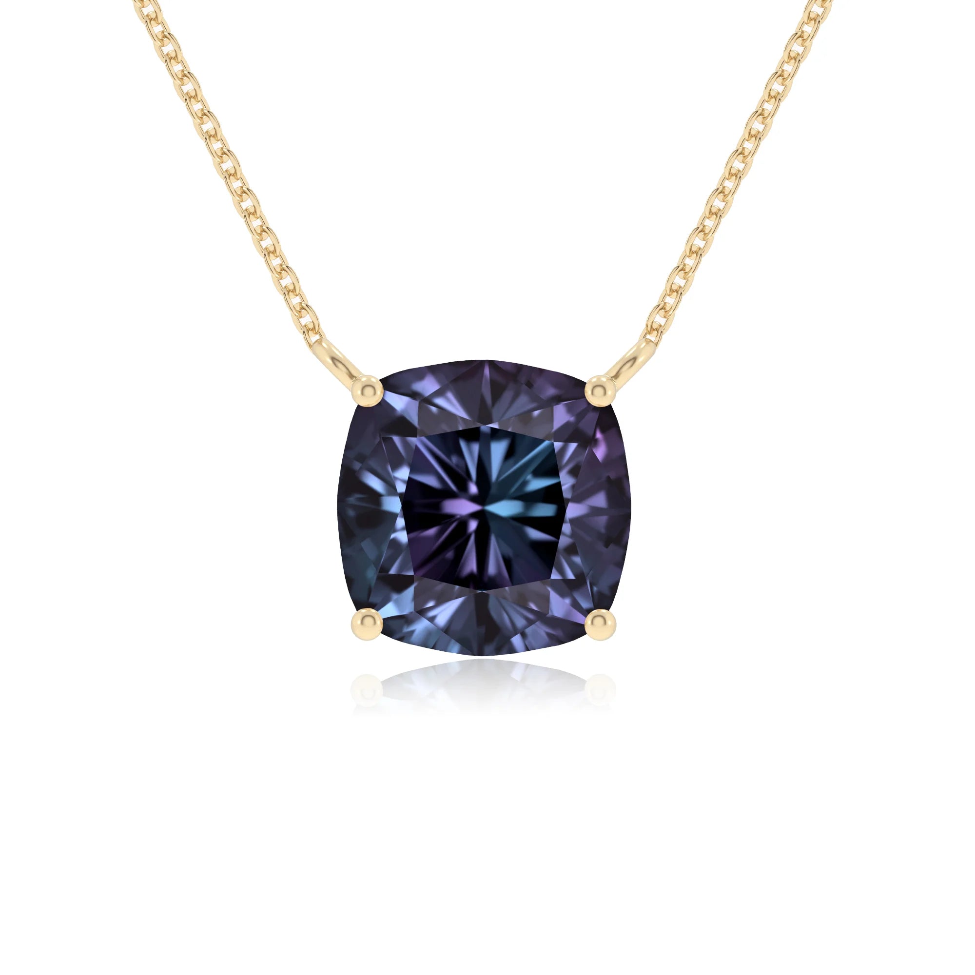 lab grown alexandrite cushion solitaire necklaces in yellow gold