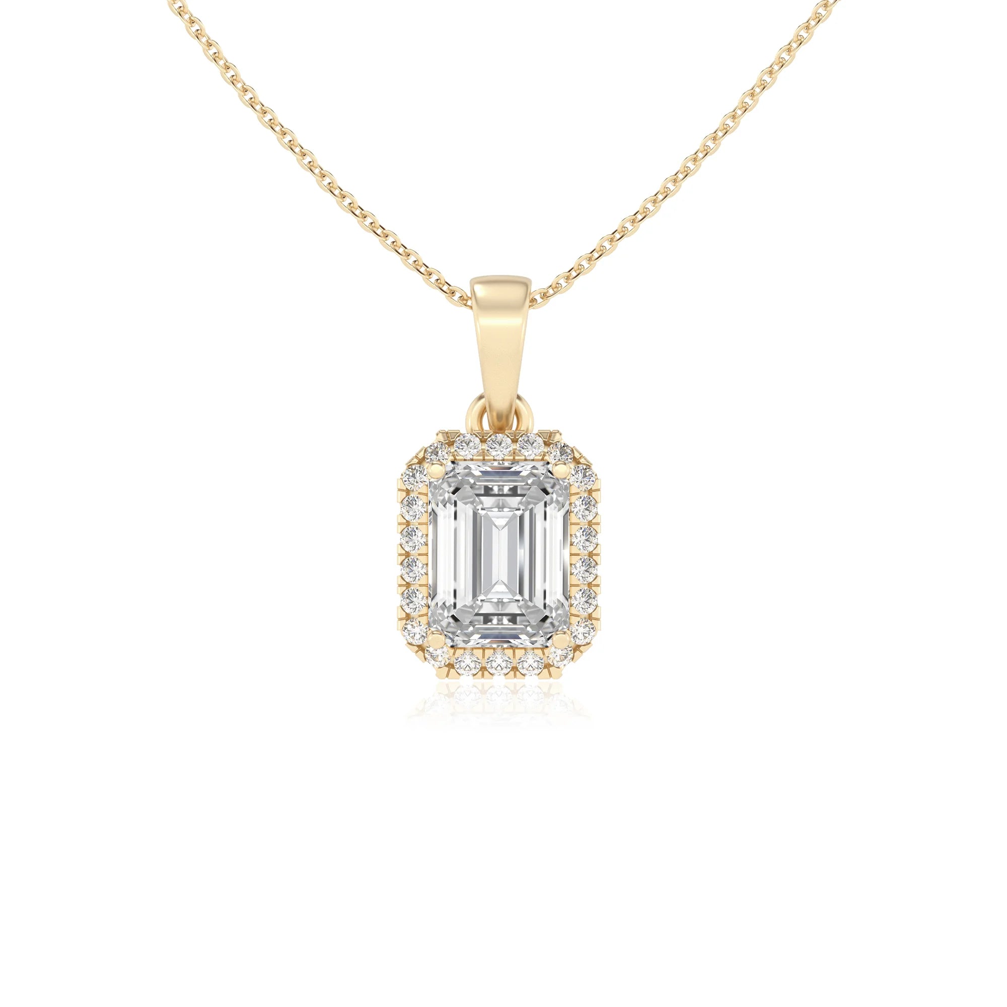 lab grown moissanite emerald cut solitaire necklaces in yellow gold