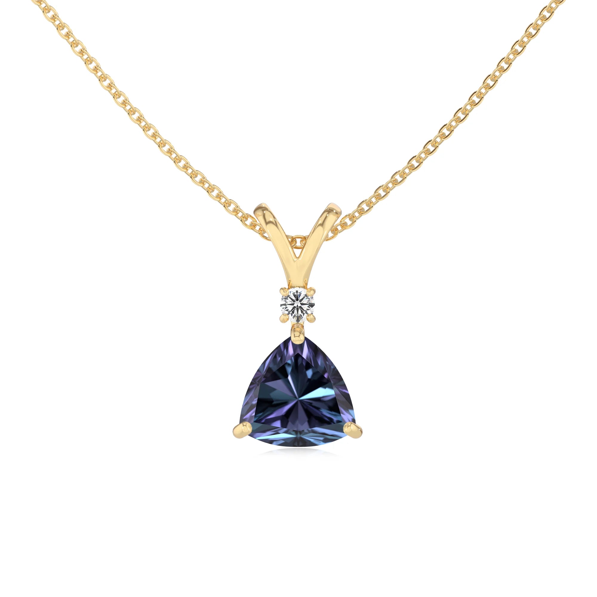 lab grown alexandrite trillion solitaire v-bale necklaces in yellow gold
