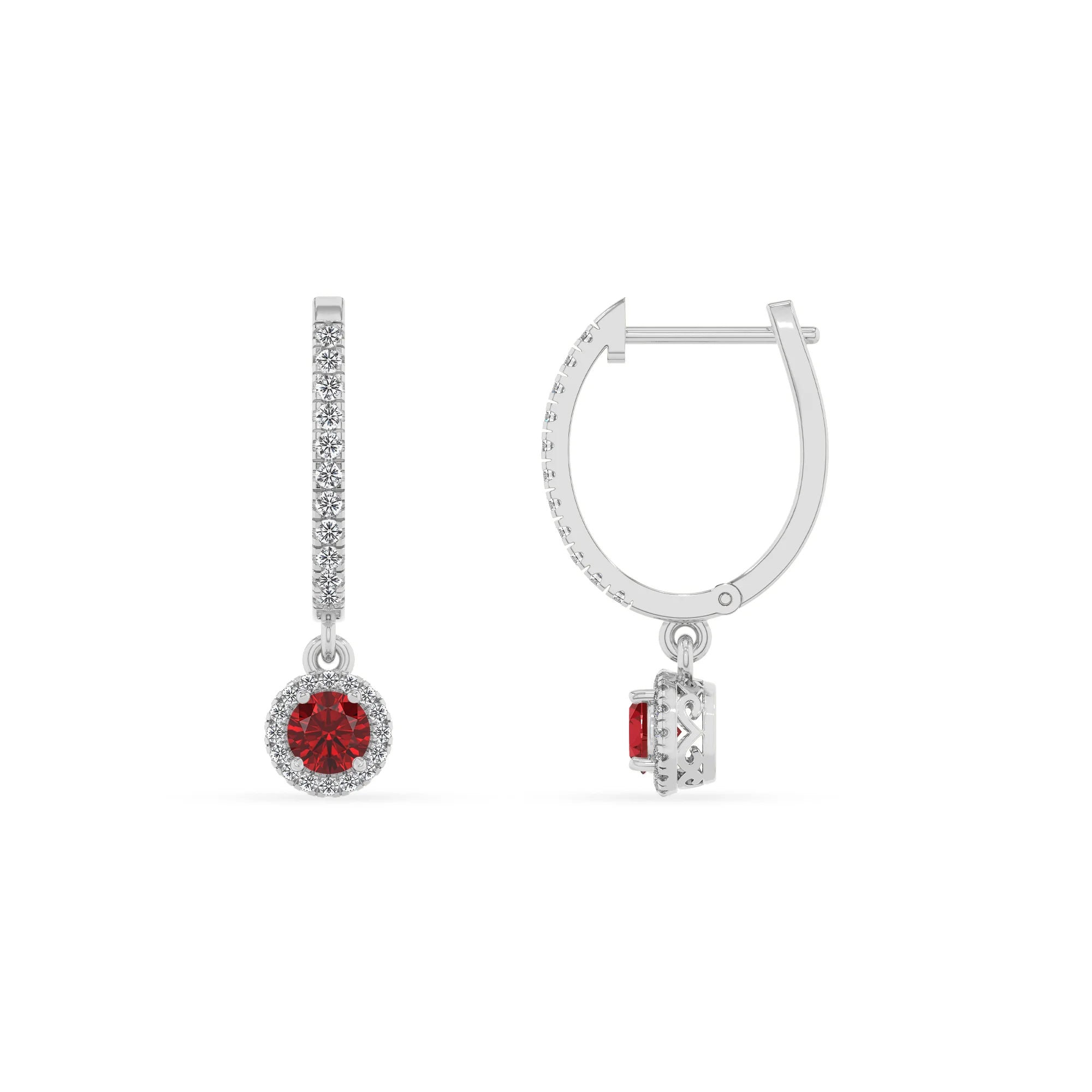 lab grown ruby round drop earrings in sterling silver
