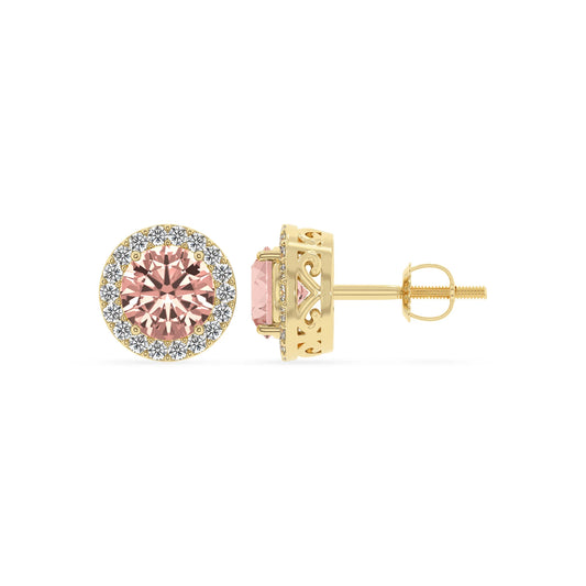 lab grown morganite round stud earrings in yellow gold