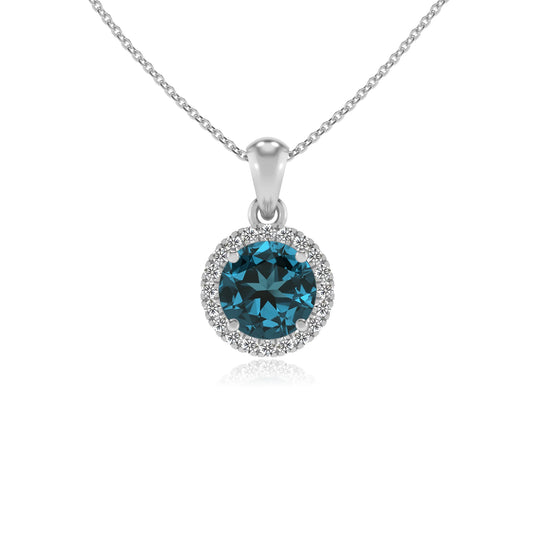 natural london-blue-topaz round solitaire necklaces in white gold