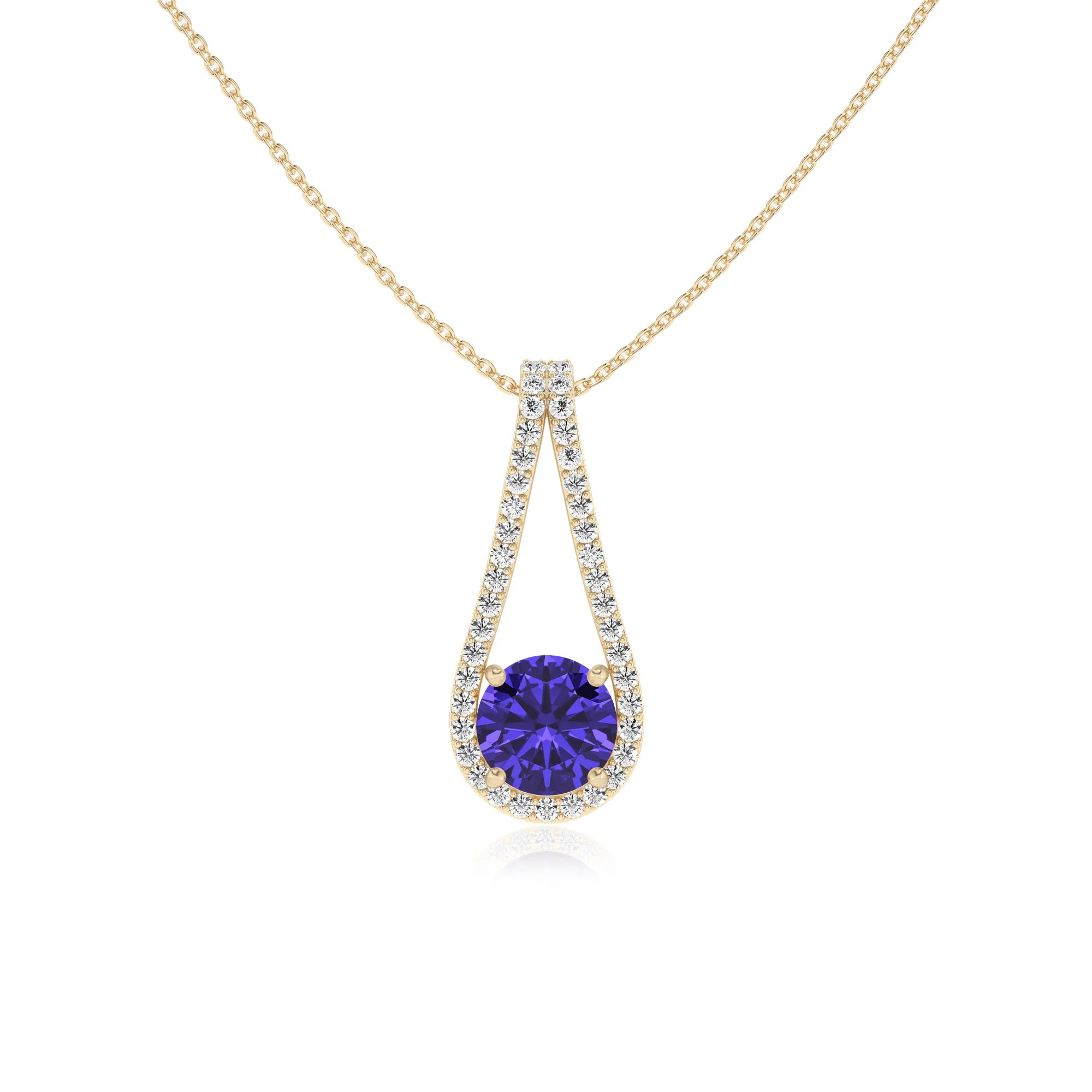 lab grown tanzanite round solitaire v-bale necklaces in yellow gold