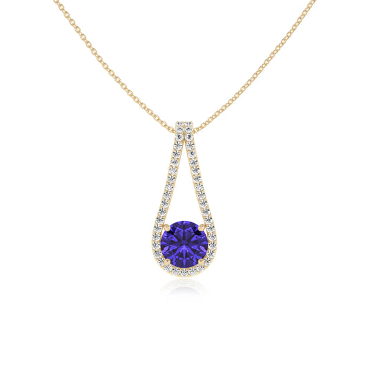 lab grown tanzanite round solitaire v-bale necklaces in yellow gold