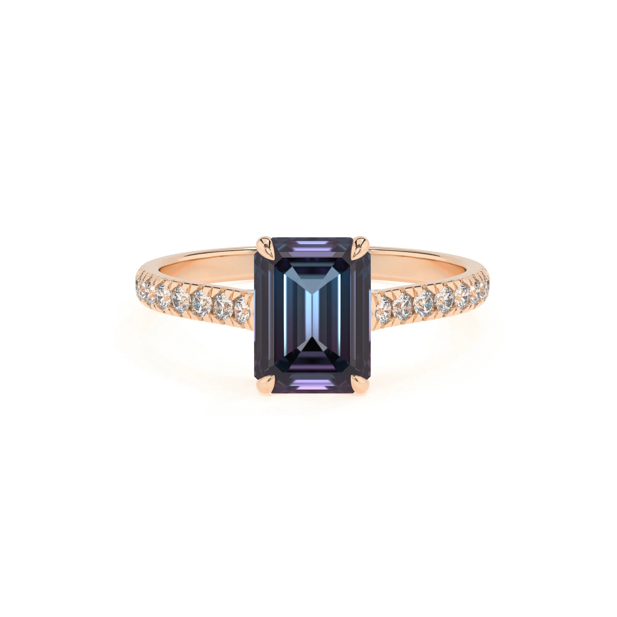 lab grown alexandrite emerald cut half eternity solitaire engagement rings in rose gold