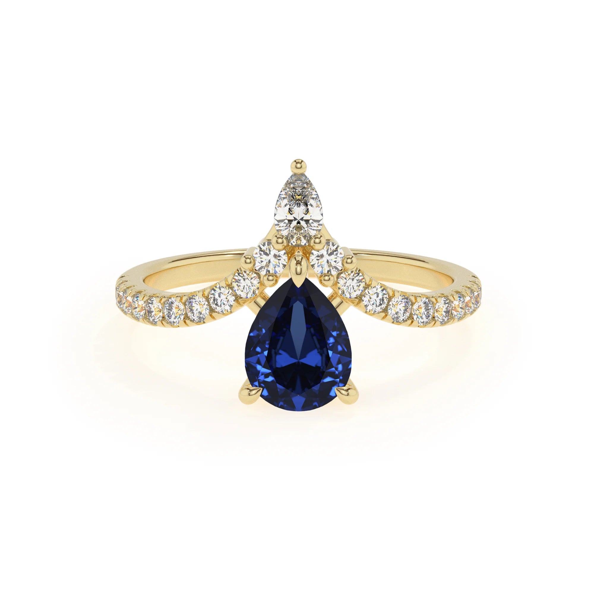 lab grown blue-sapphire pear solitaire rings in yellow gold
