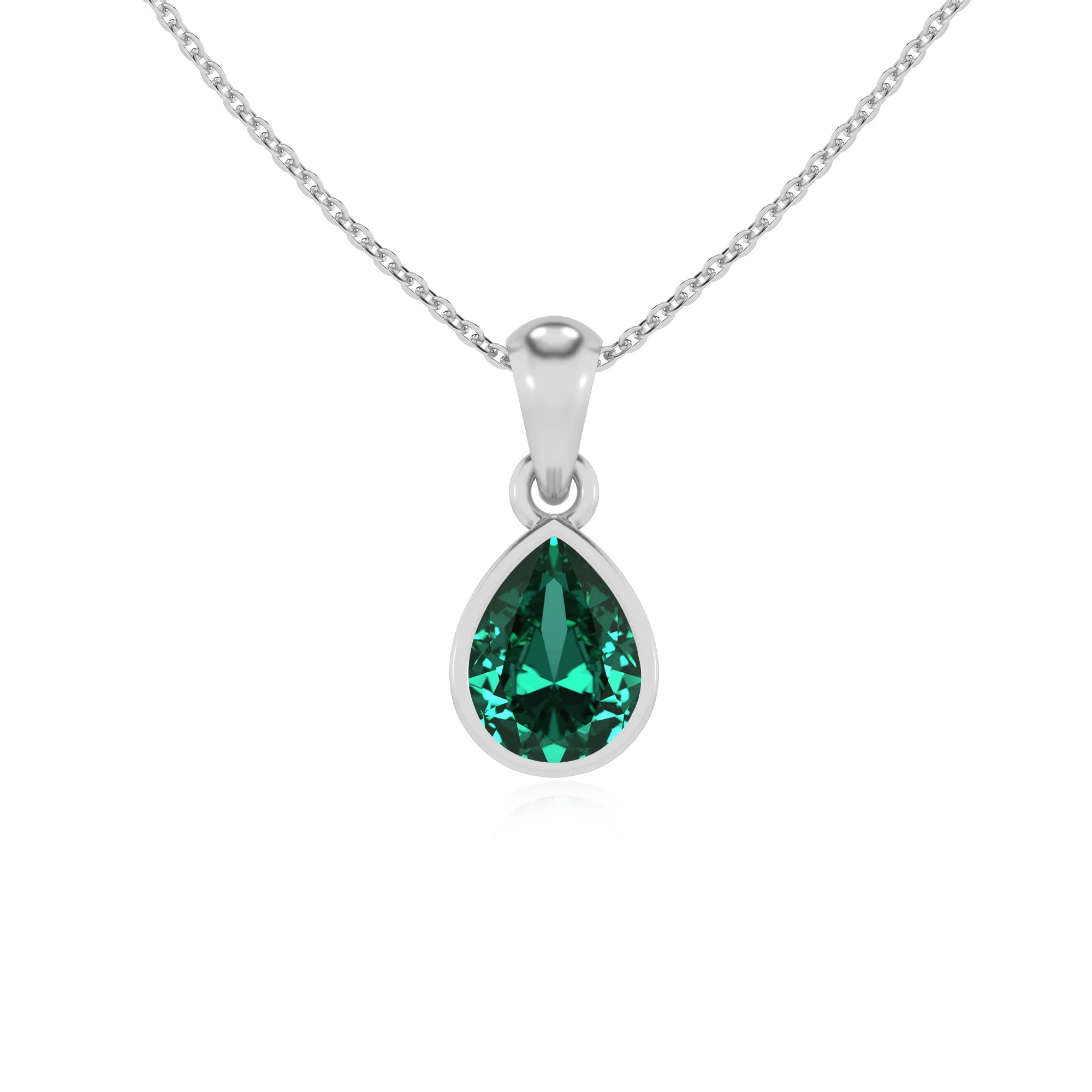 lab grown emerald pear solitaire necklaces in sterling silver