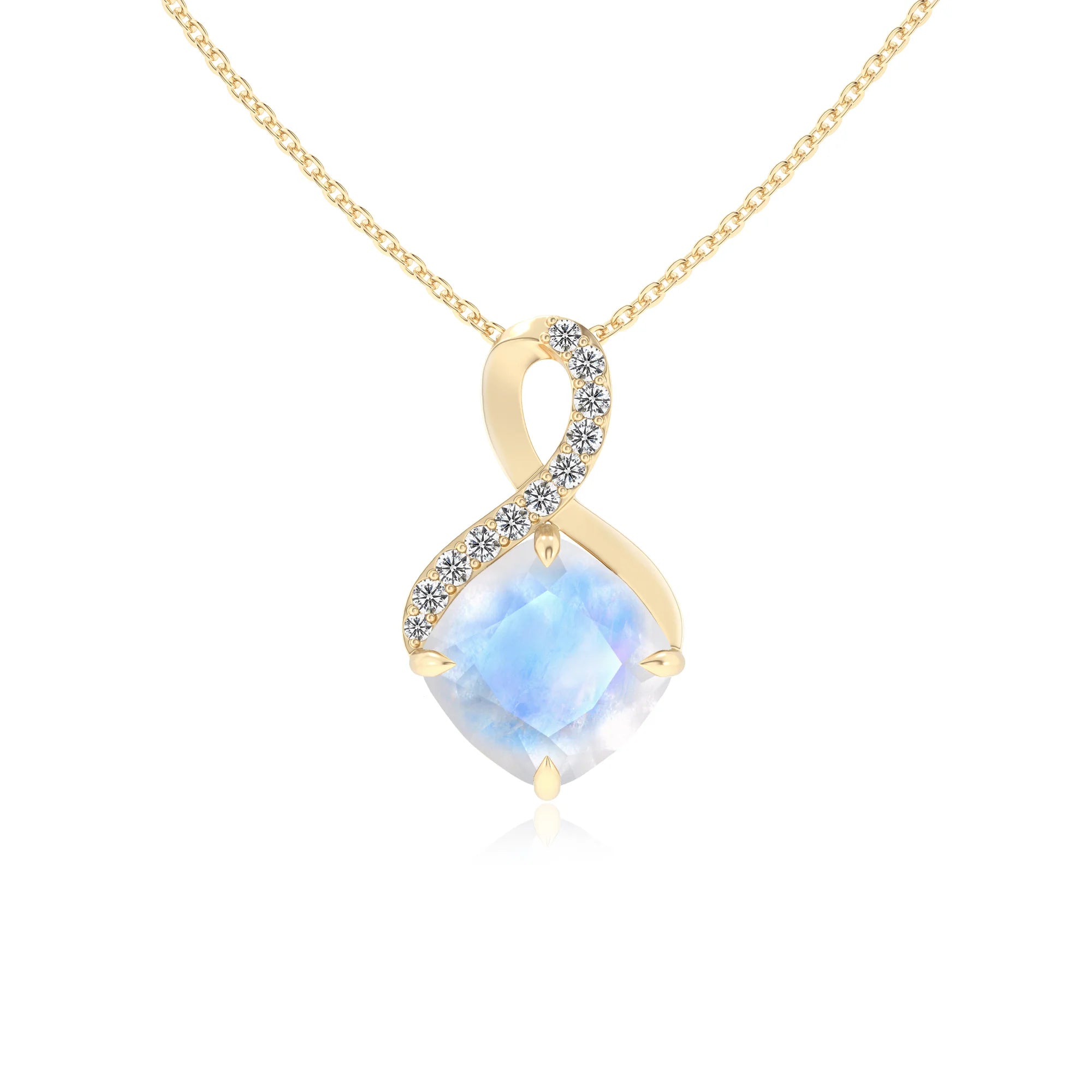 natural rainbow-moonstone cushion infinity necklaces in yellow gold