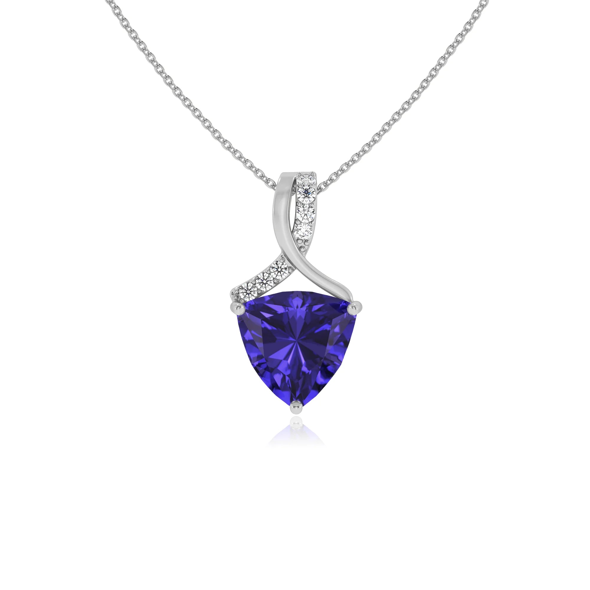 lab grown tanzanite trillion solitaire necklaces in white gold