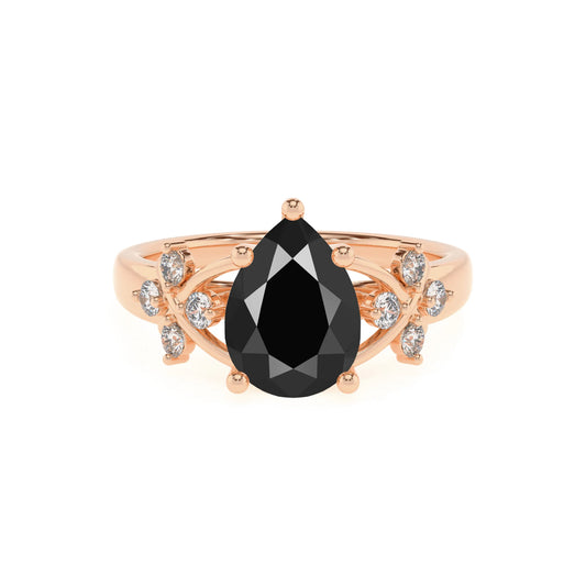 natural black-onyx pear solitaire rings in rose gold