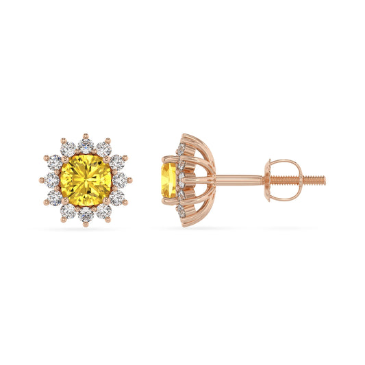 lab grown yellow sapphire cushion stud earrings in rose gold