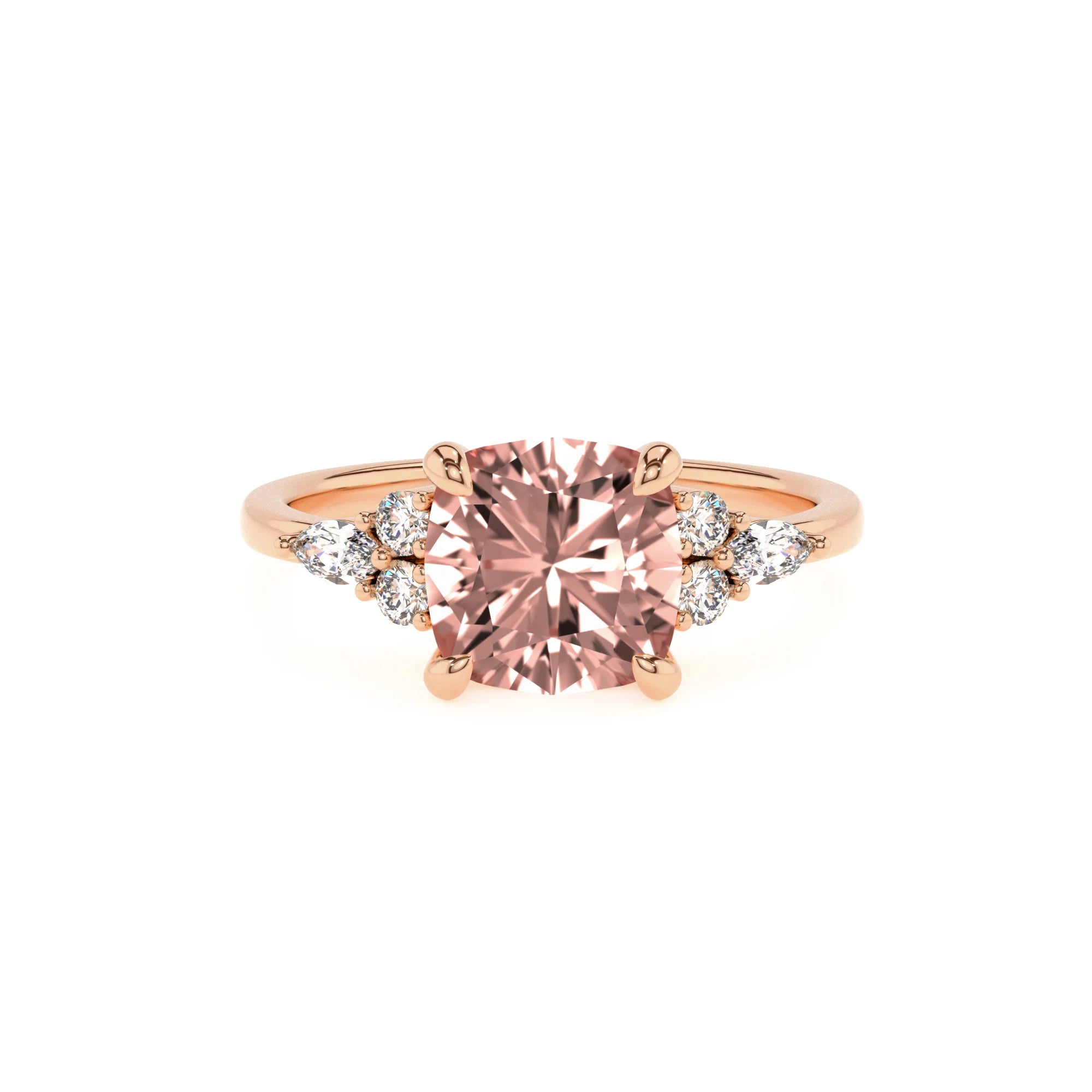lab grown morganite cushion solitaire rings in rose gold