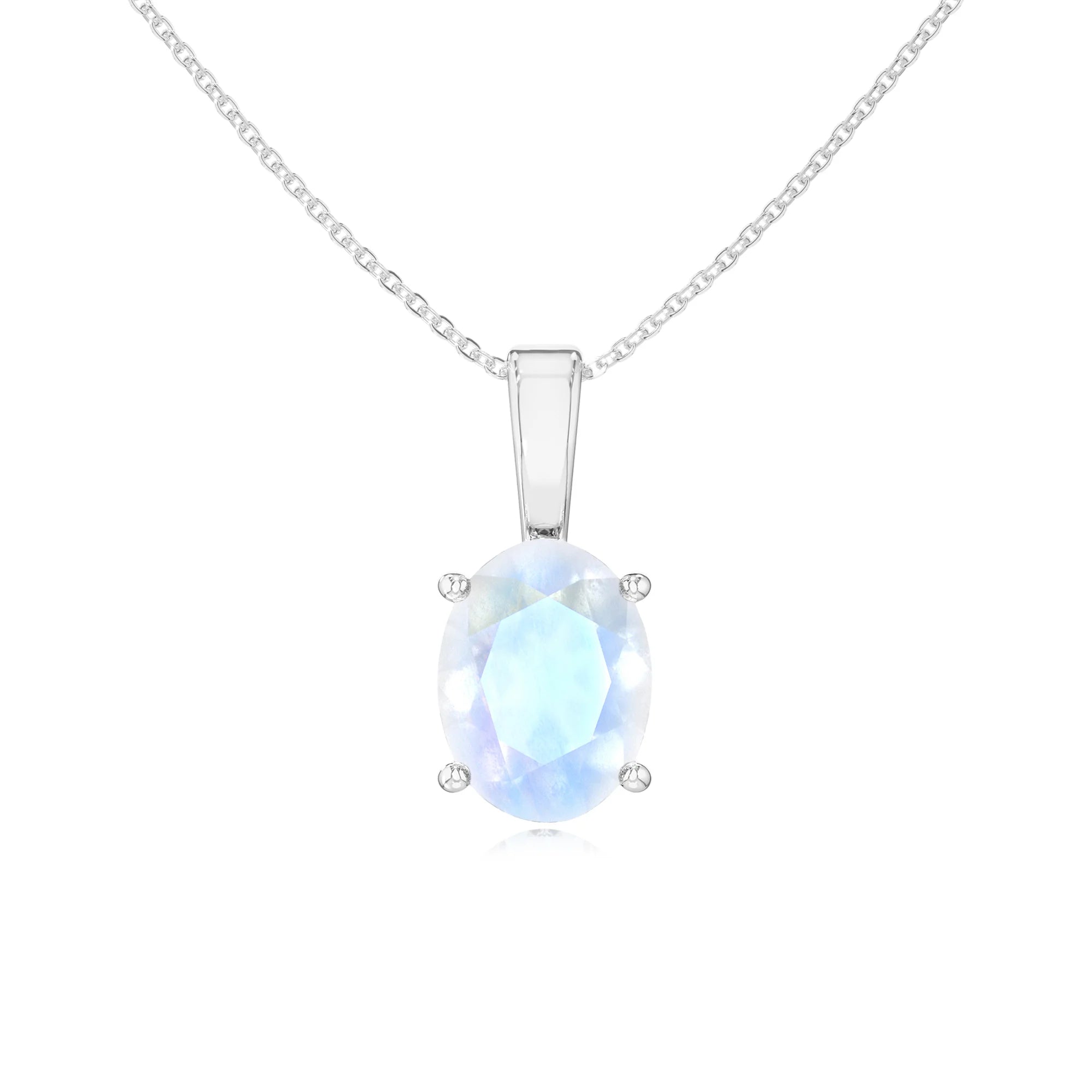 natural rainbow-moonstone oval solitaire necklaces in white gold