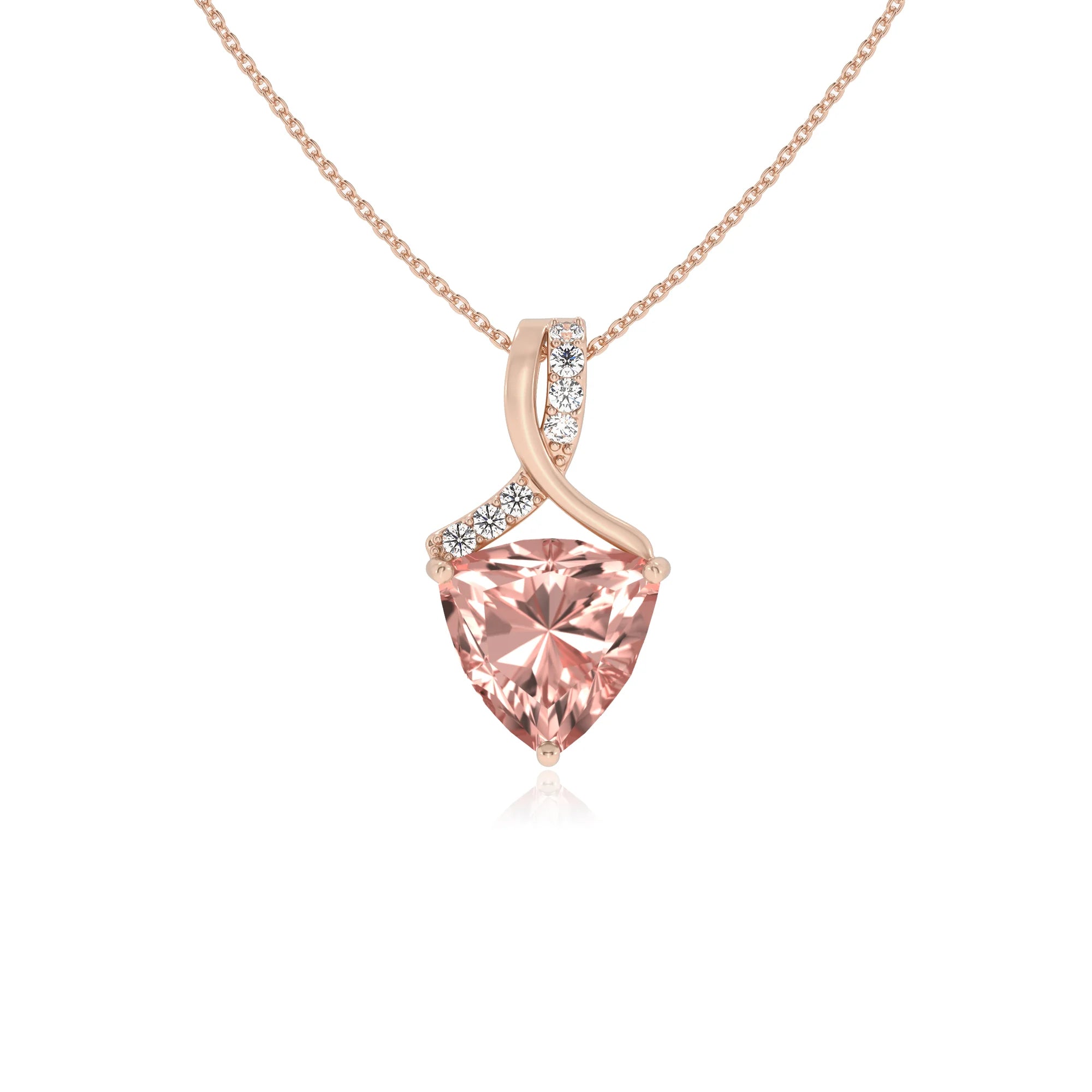 lab grown morganite trillion solitaire necklaces in rose gold