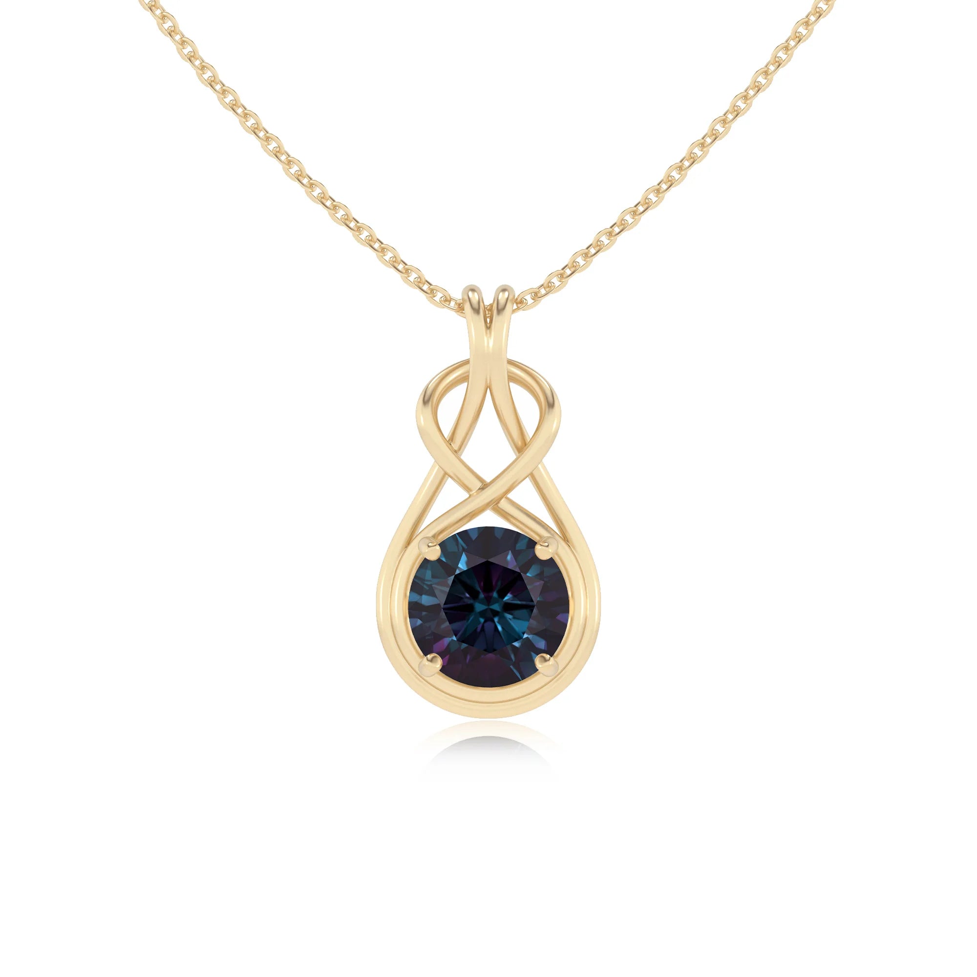lab grown alexandrite round solitaire necklaces in yellow gold