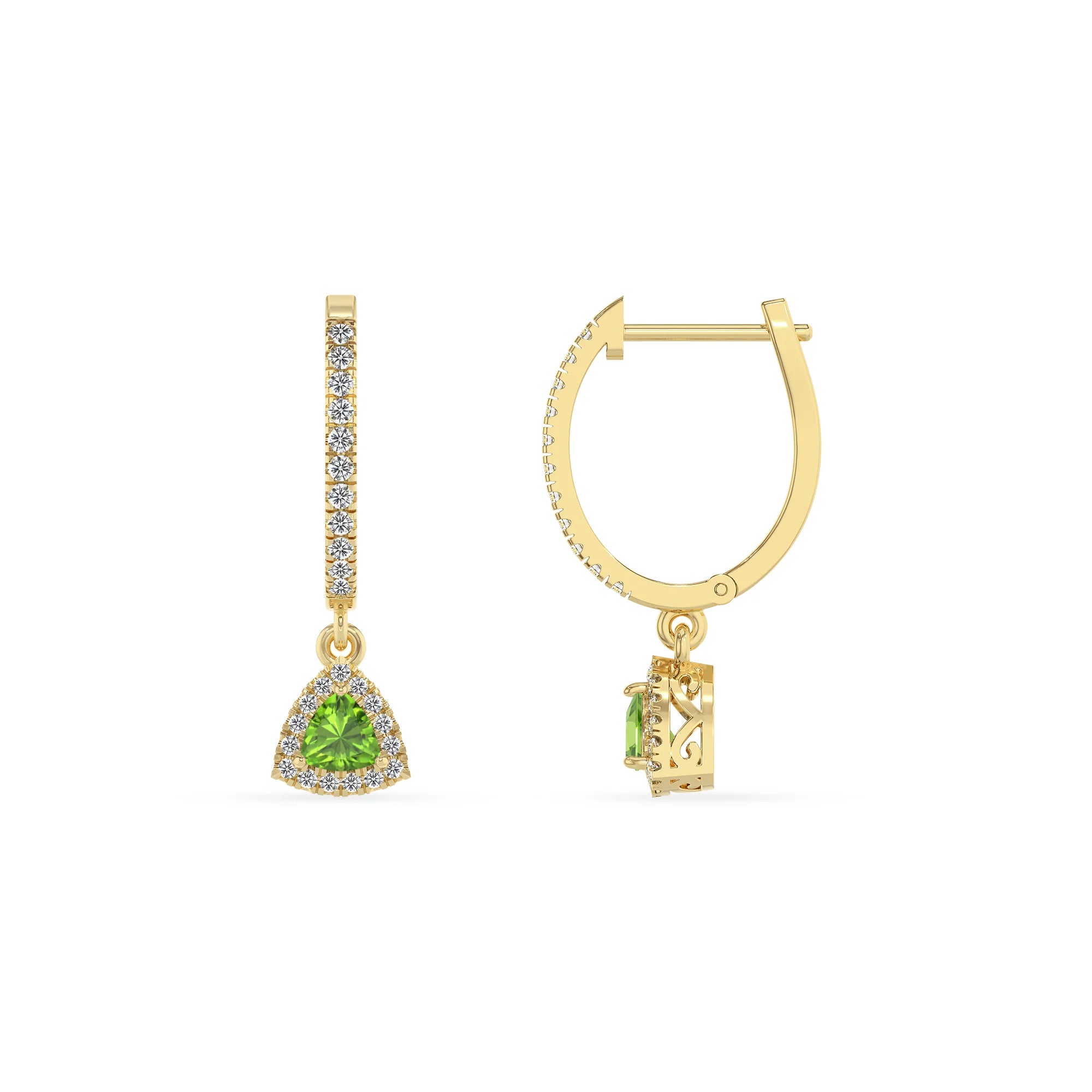 natural peridot trillion drop earrings in yellow gold