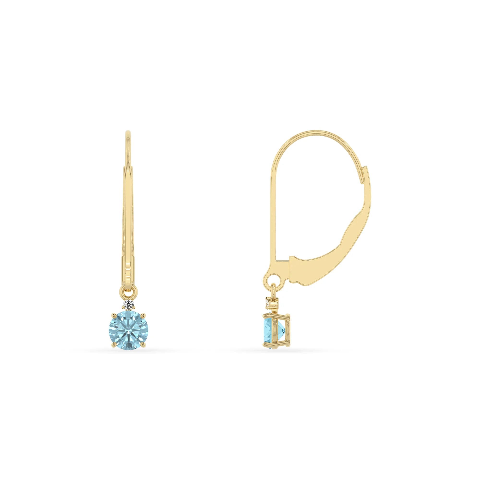 lab grown aquamarine round drop earrings in yellow gold