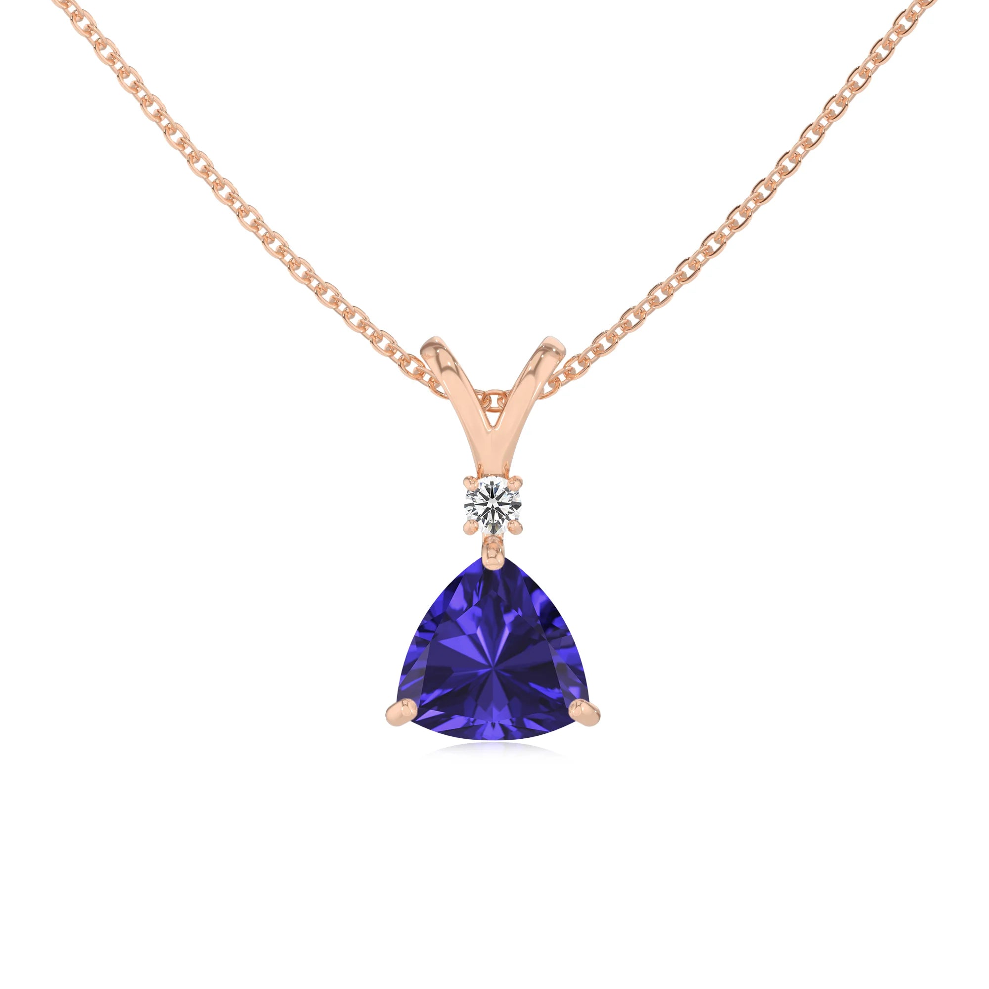 lab grown tanzanite trillion solitaire v-bale necklaces in rose gold