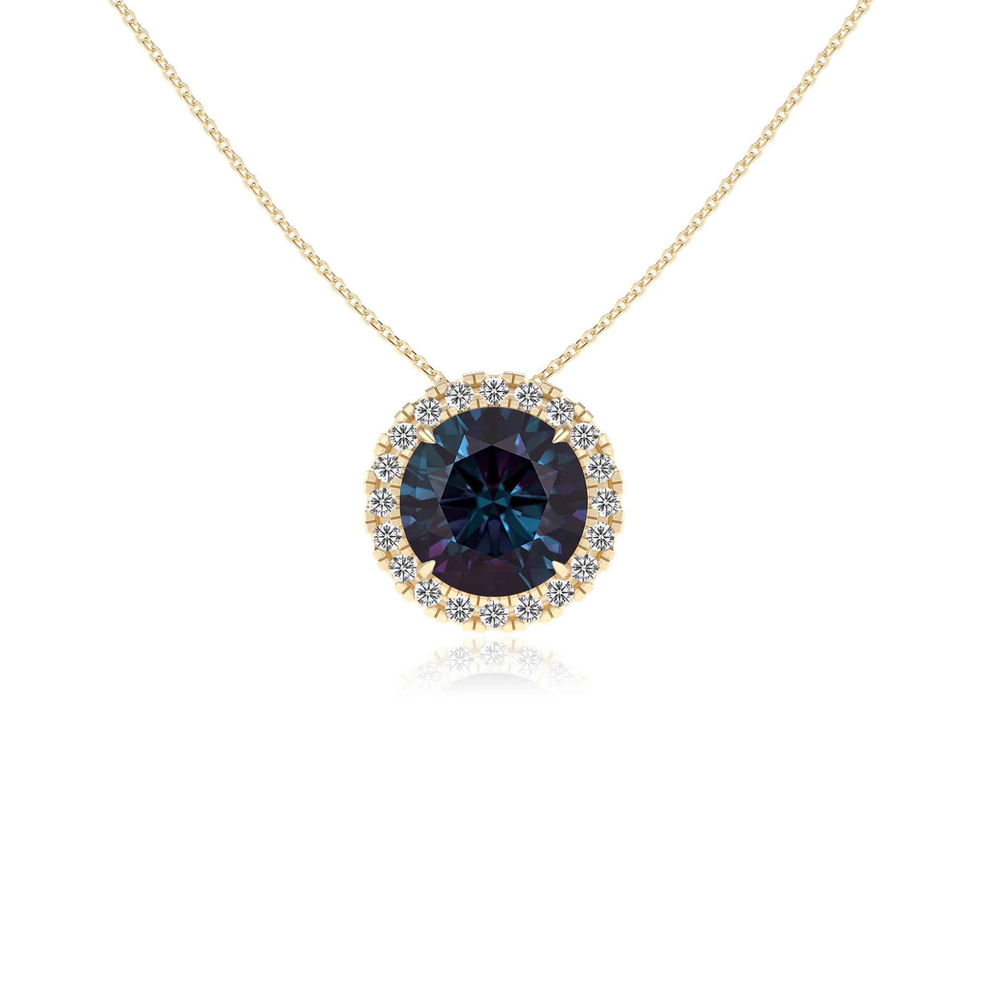 lab grown alexandrite round solitaire necklaces in yellow gold